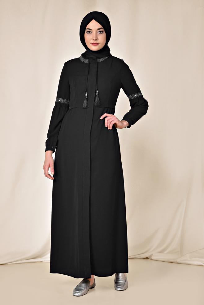Hijab clothing BLACK Embroidered Sleeves Hidden Buttoned Abaya 8301 - ALVİNA