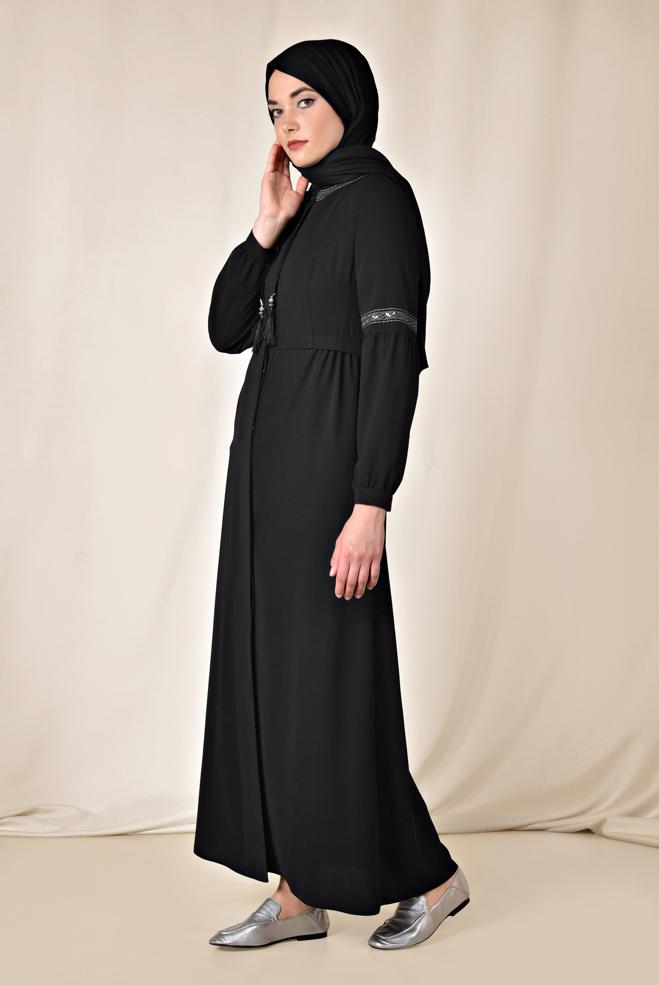 Hijab clothing BLACK Embroidered Sleeves Hidden Buttoned Abaya 8301 - ALVİNA
