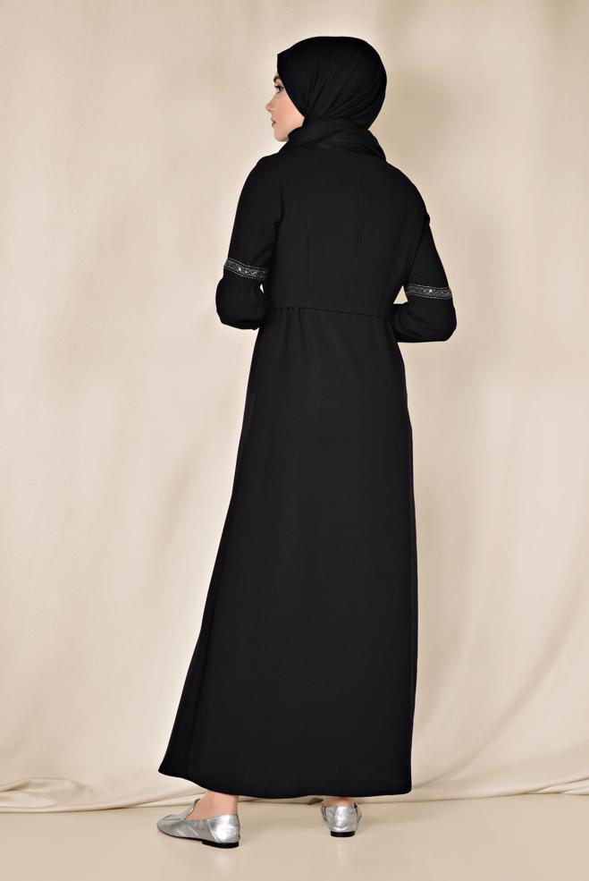 Hijab clothing BLACK Embroidered Sleeves Hidden Buttoned Abaya 8301 - ALVİNA