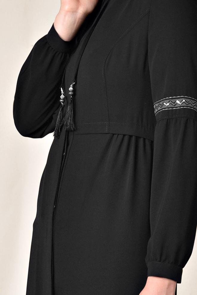 Hijab clothing BLACK Embroidered Sleeves Hidden Buttoned Abaya 8301 - ALVİNA
