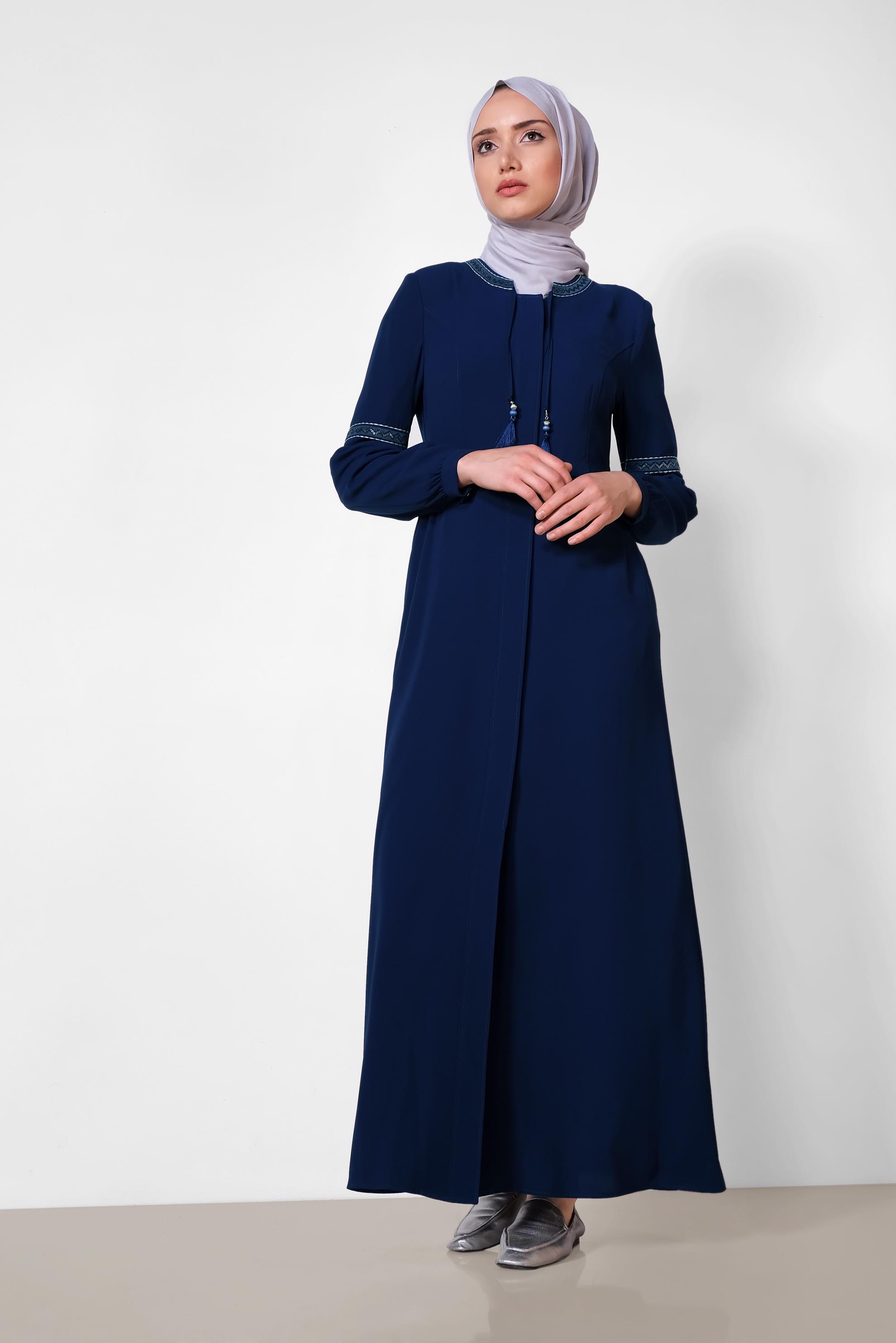 Hijab clothing NAVY BLUE Embroidered Sleeves Hidden Buttoned Abaya 8301