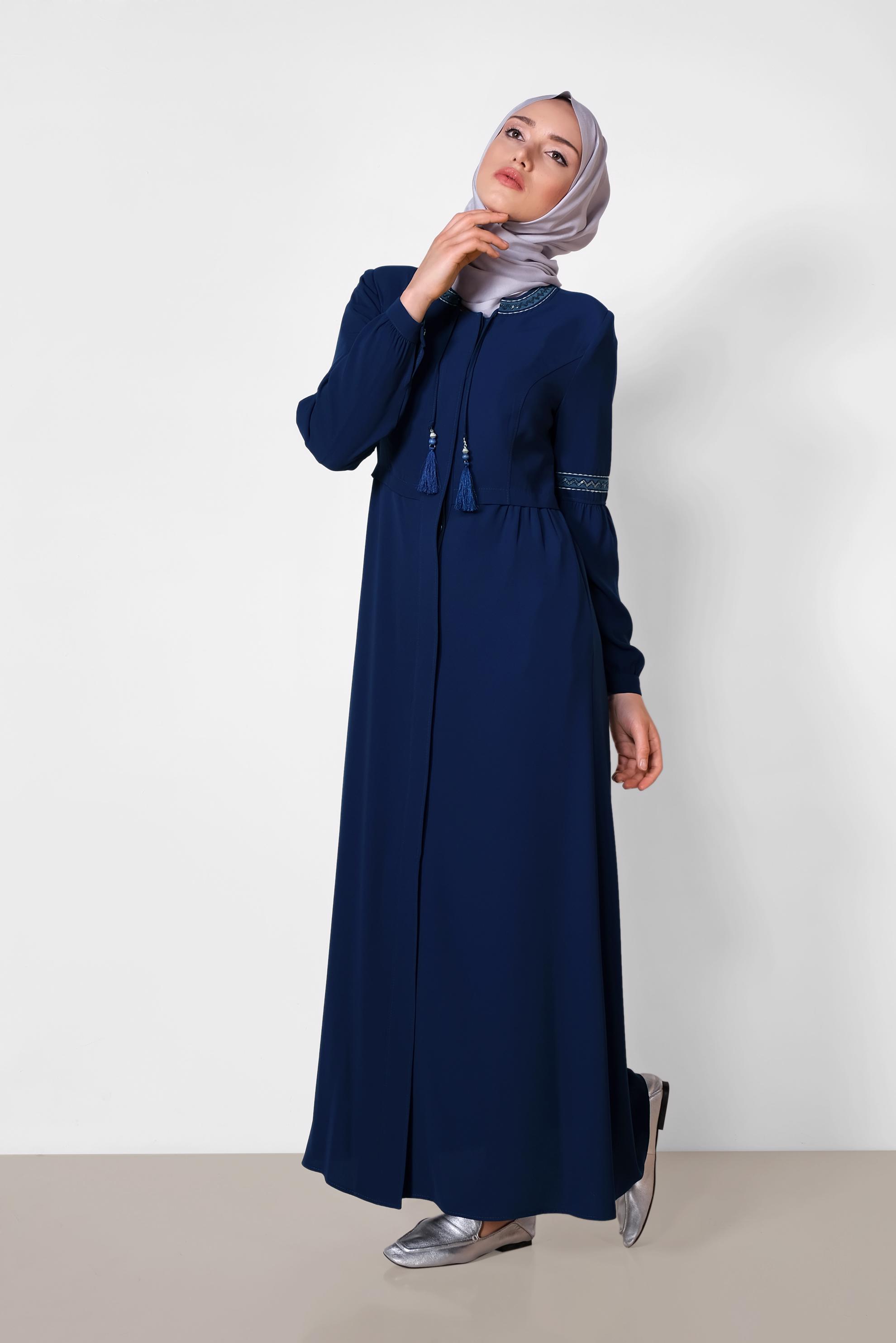 Hijab clothing NAVY BLUE Embroidered Sleeves Hidden Buttoned Abaya 8301