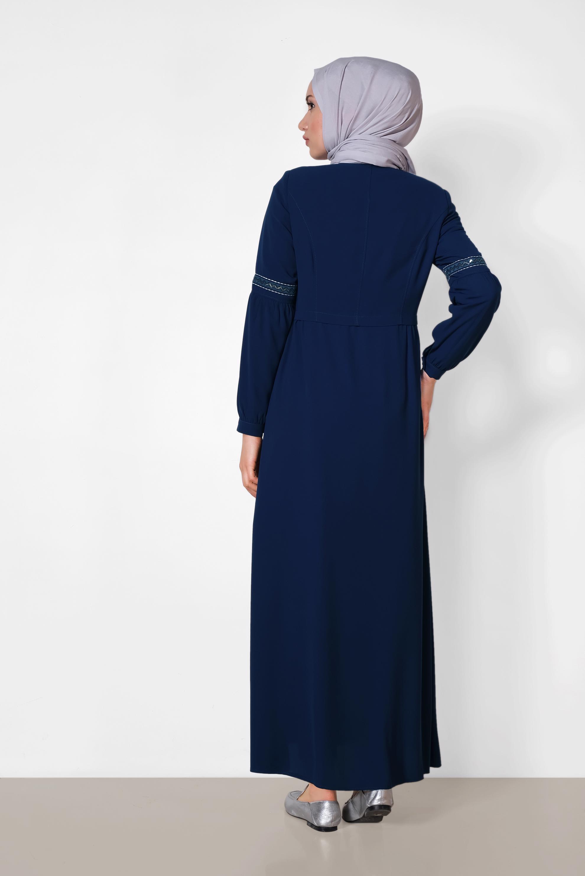 Hijab clothing NAVY BLUE Embroidered Sleeves Hidden Buttoned Abaya 8301