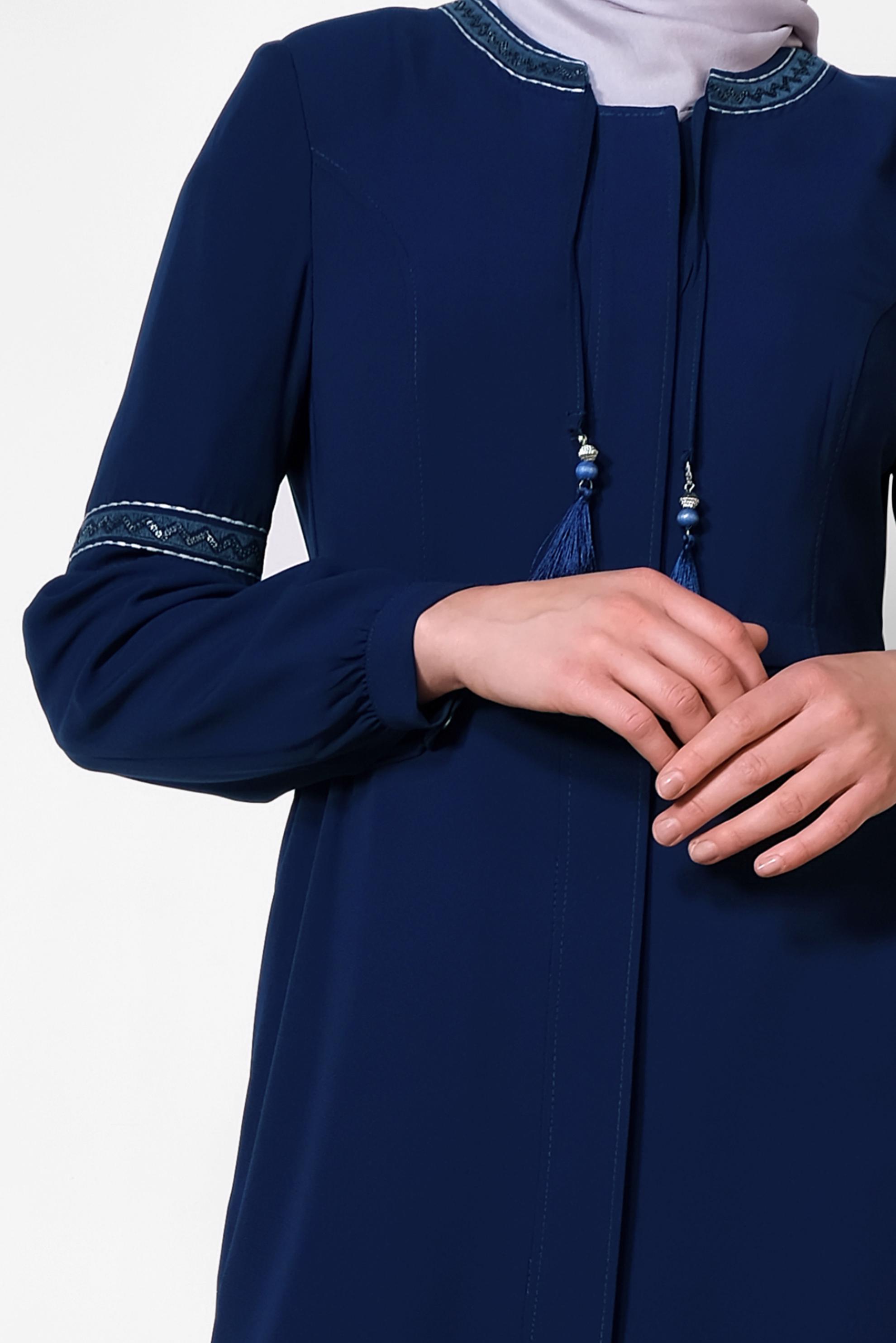 Hijab clothing NAVY BLUE Embroidered Sleeves Hidden Buttoned Abaya 8301