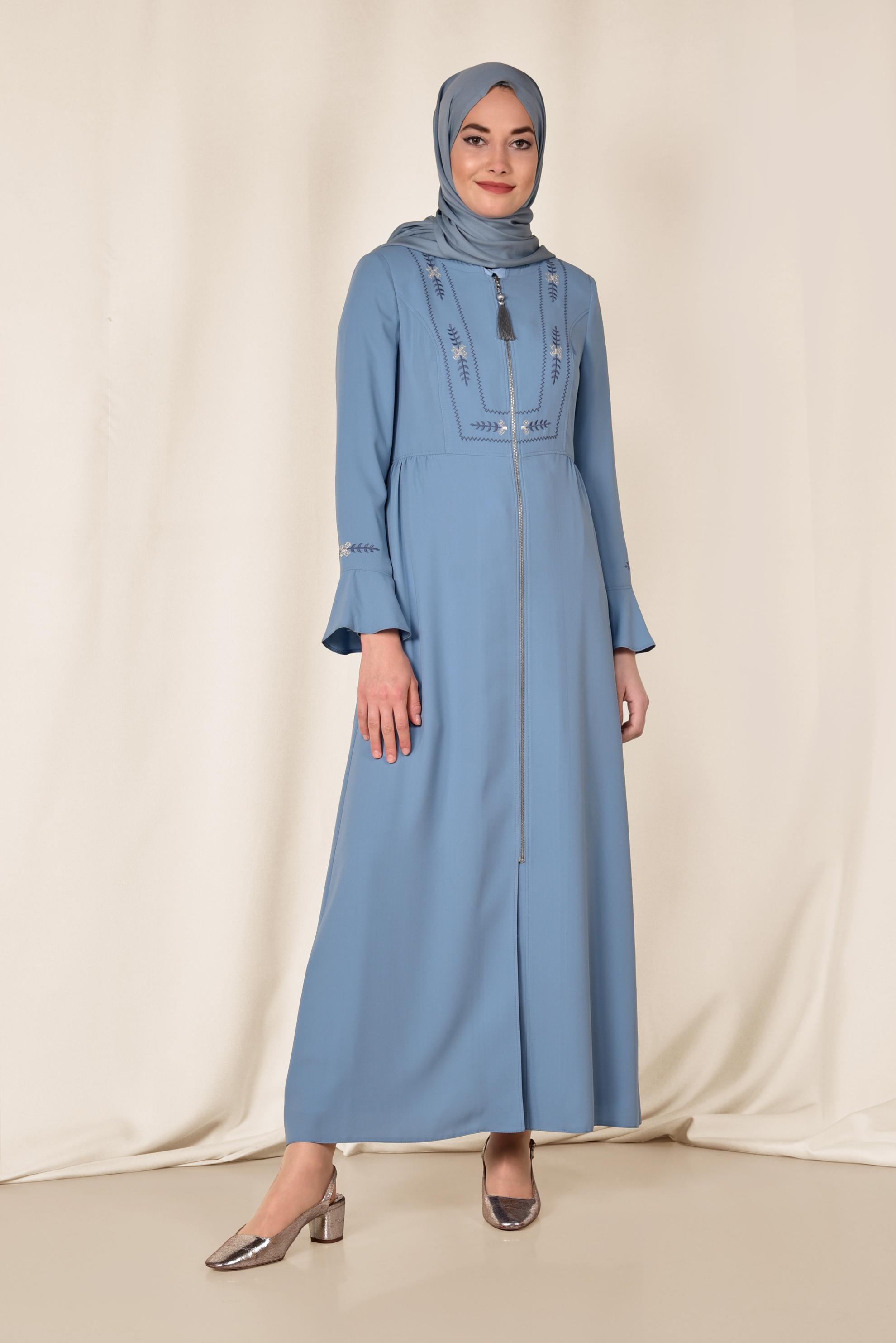 Hijab clothing BLUE Tassel Embroidered Detail Zipper Overcoat 8302 