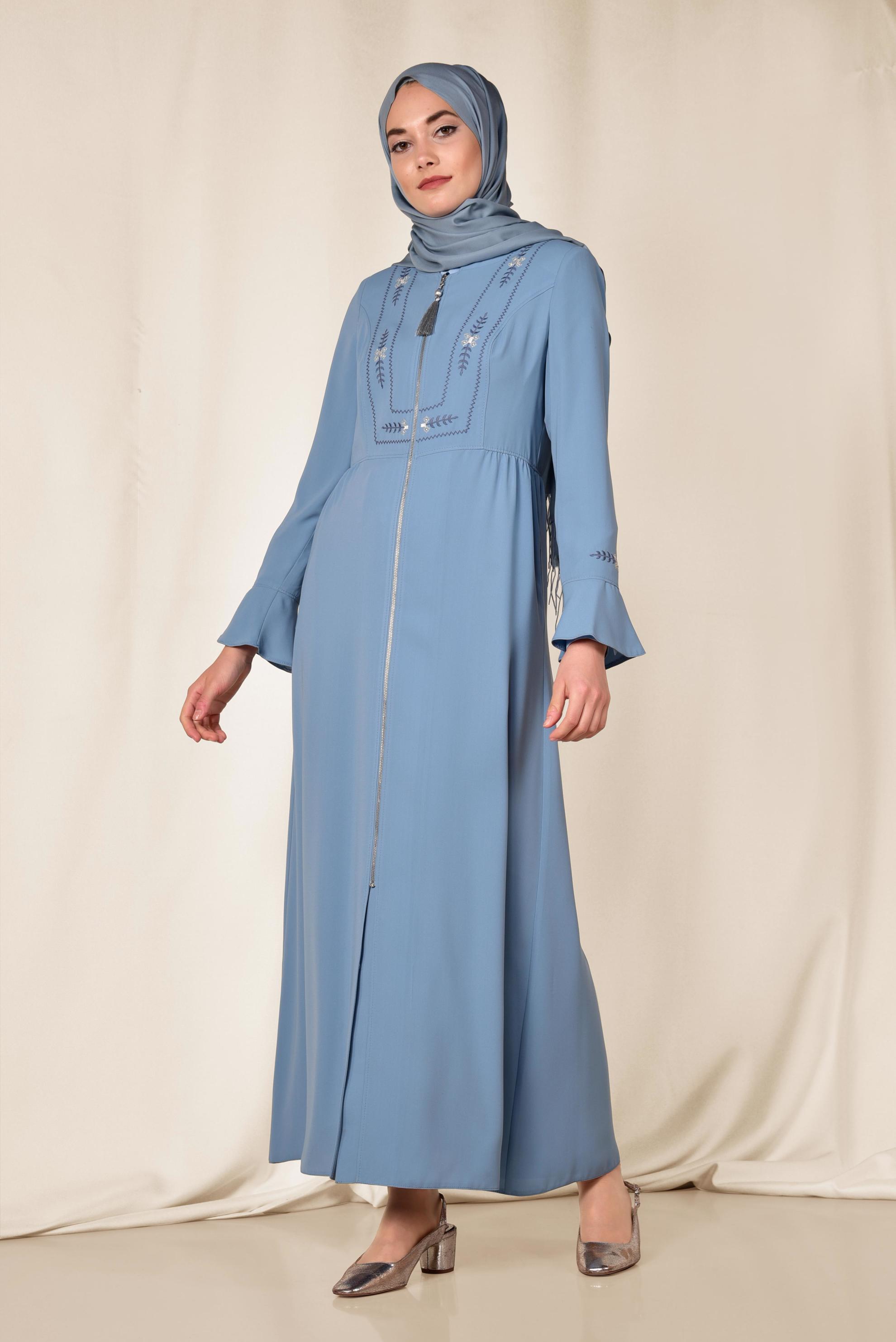 Hijab clothing BLUE Tassel Embroidered Detail Zipper Overcoat 8302 