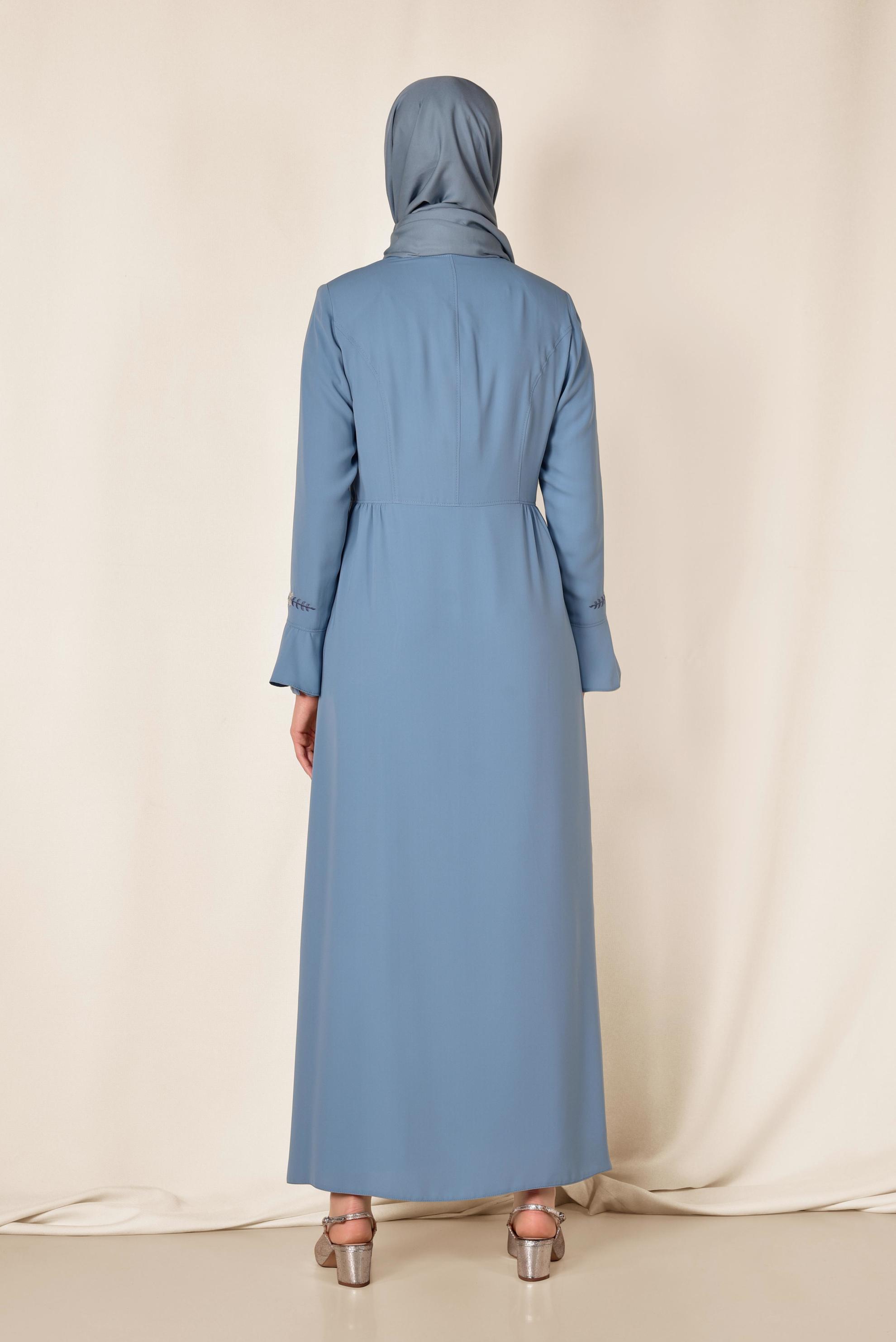 Hijab clothing BLUE Tassel Embroidered Detail Zipper Overcoat 8302 