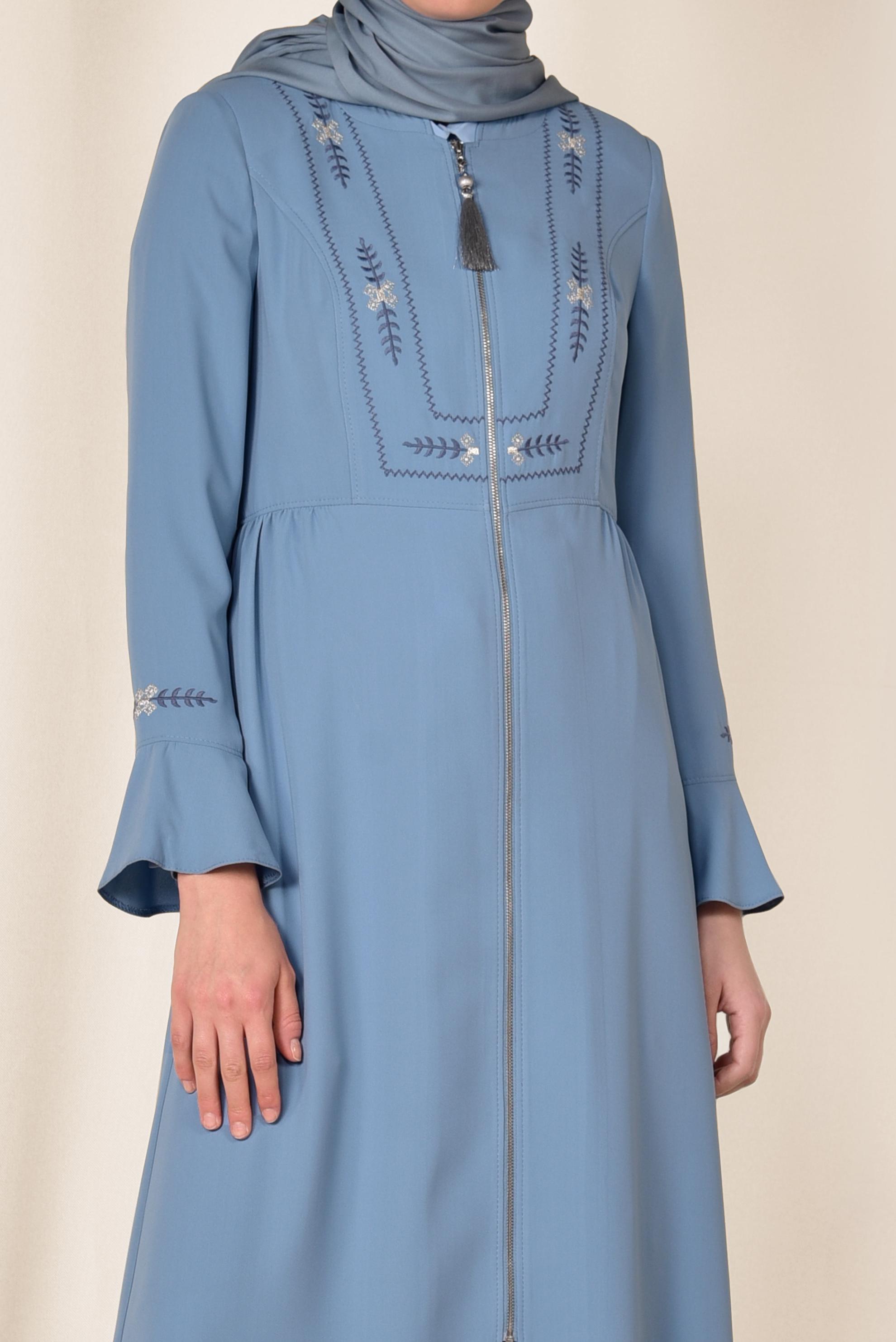 Hijab clothing BLUE Tassel Embroidered Detail Zipper Overcoat 8302 