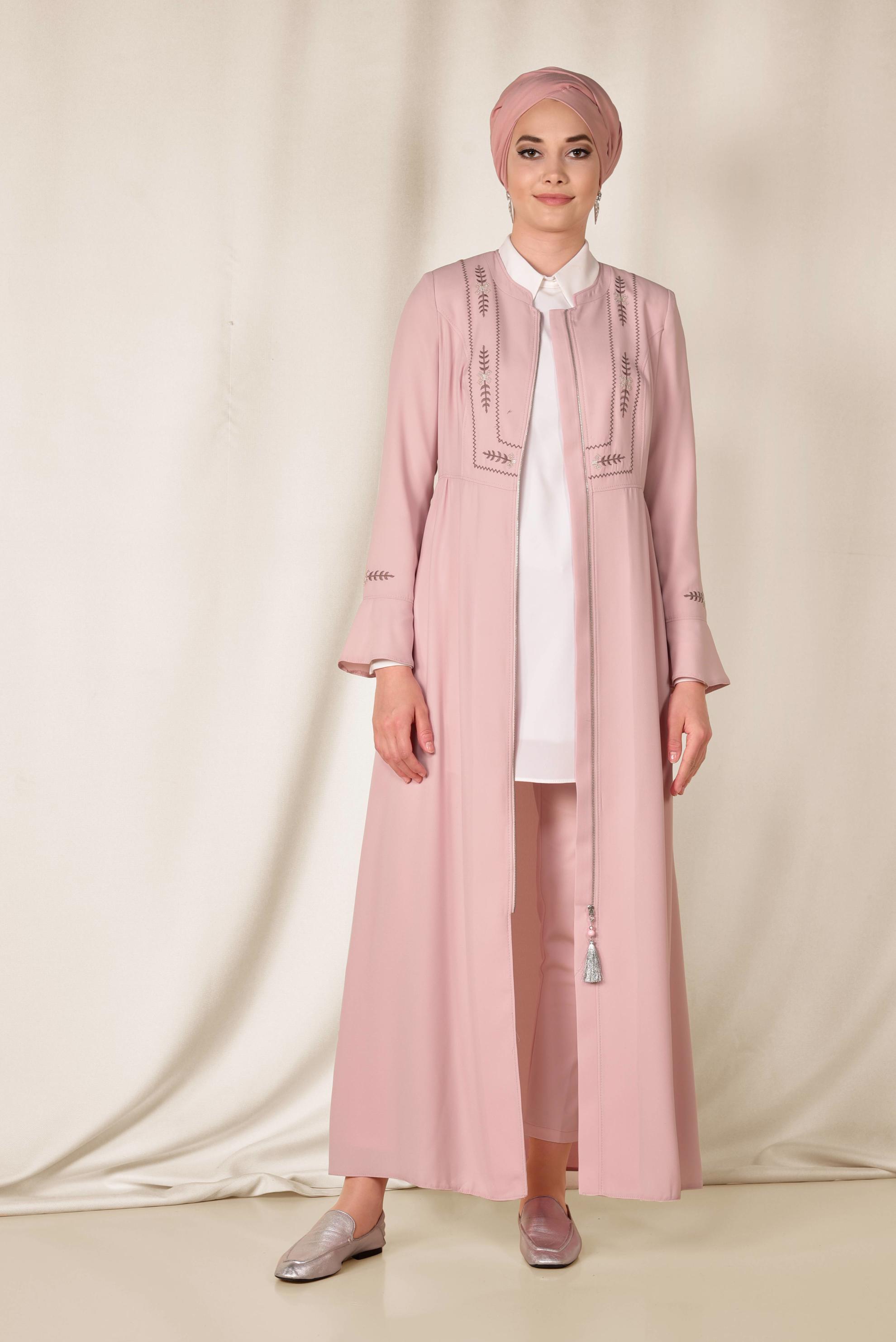 Hijab clothing POWDER Tassel Embroidered Detail Zipper Overcoat 8302 