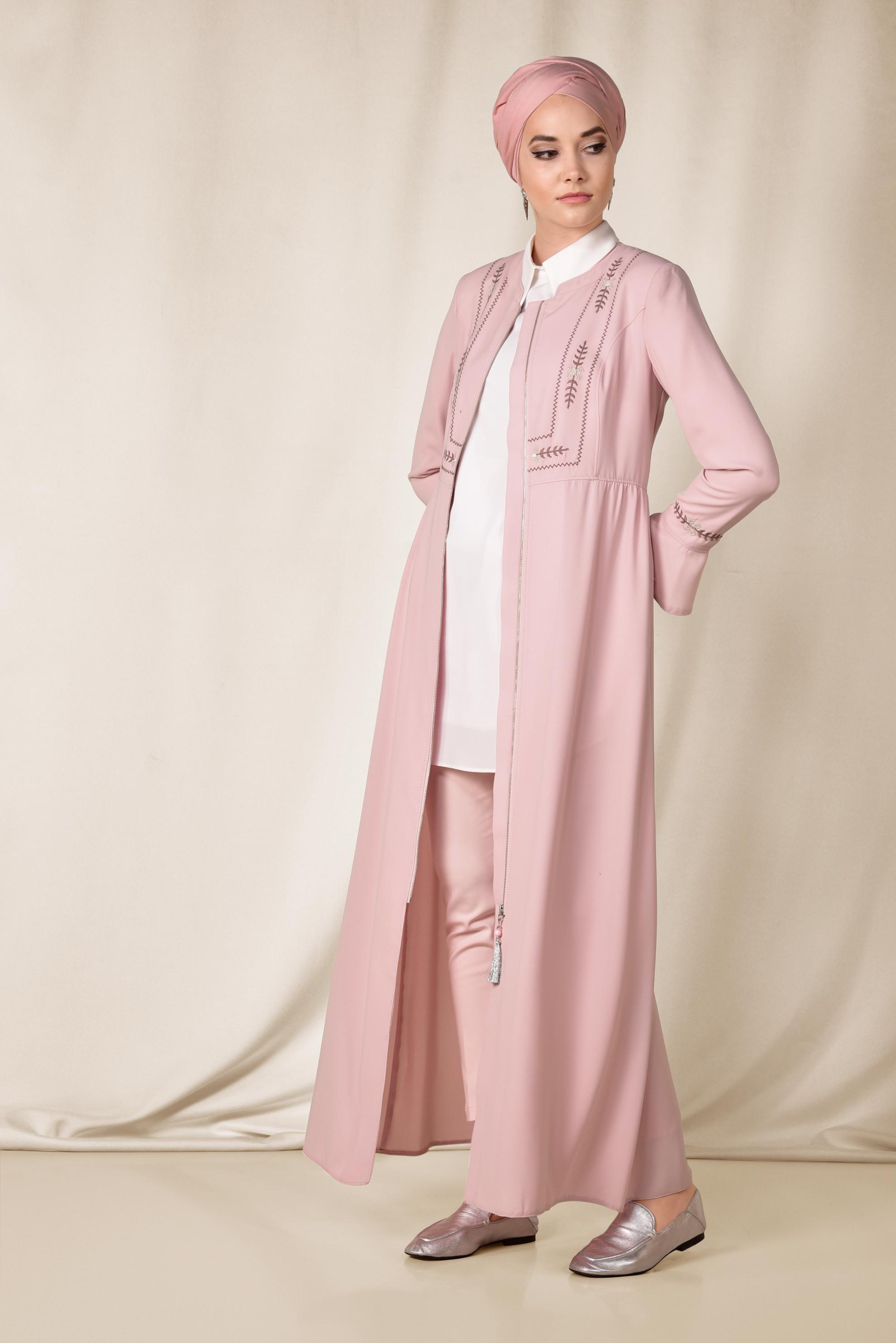 Hijab clothing POWDER Tassel Embroidered Detail Zipper Overcoat 8302 
