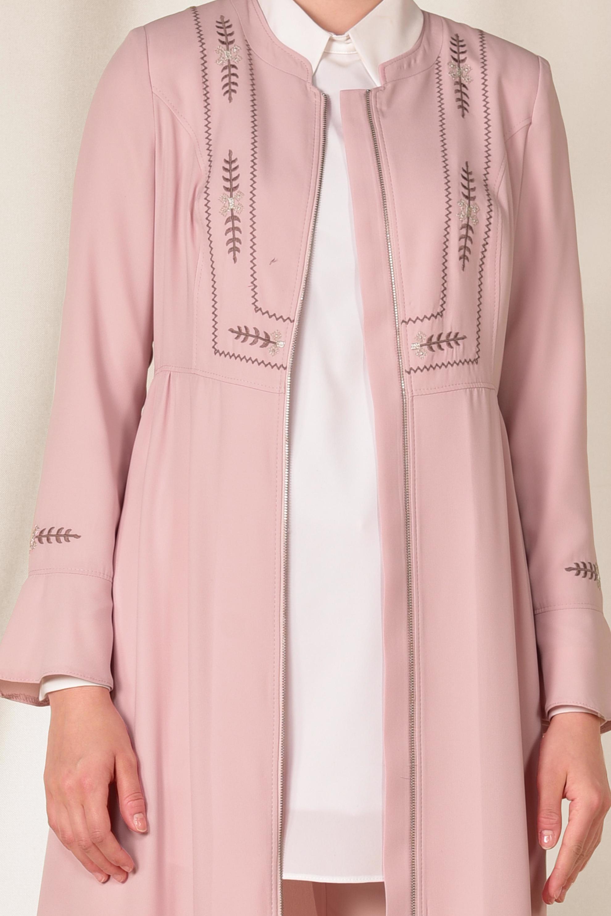 Hijab clothing POWDER Tassel Embroidered Detail Zipper Overcoat 8302 