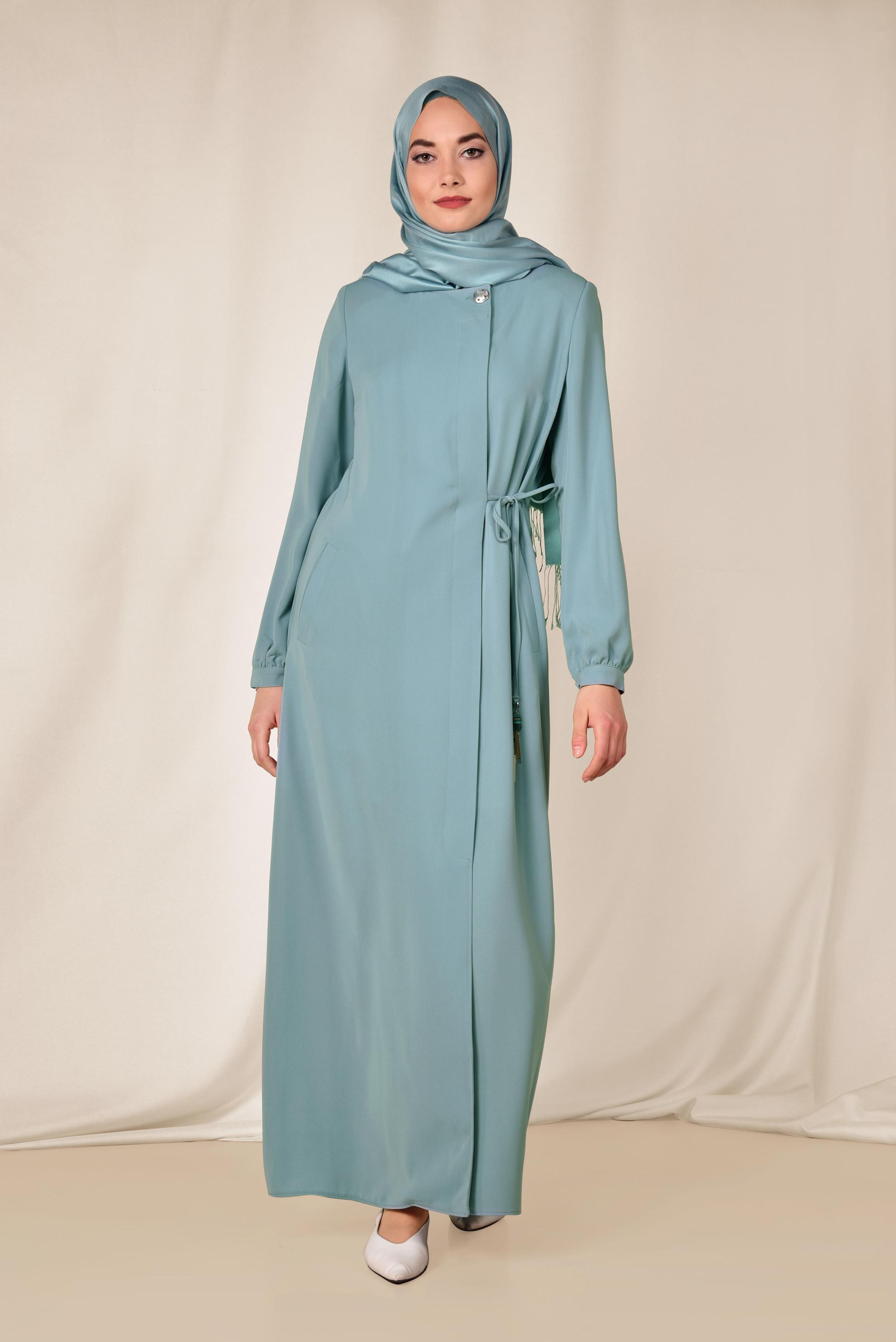 Hijab clothing BLUE Waist Lace Up Hidden Buttoned Abaya 8303 