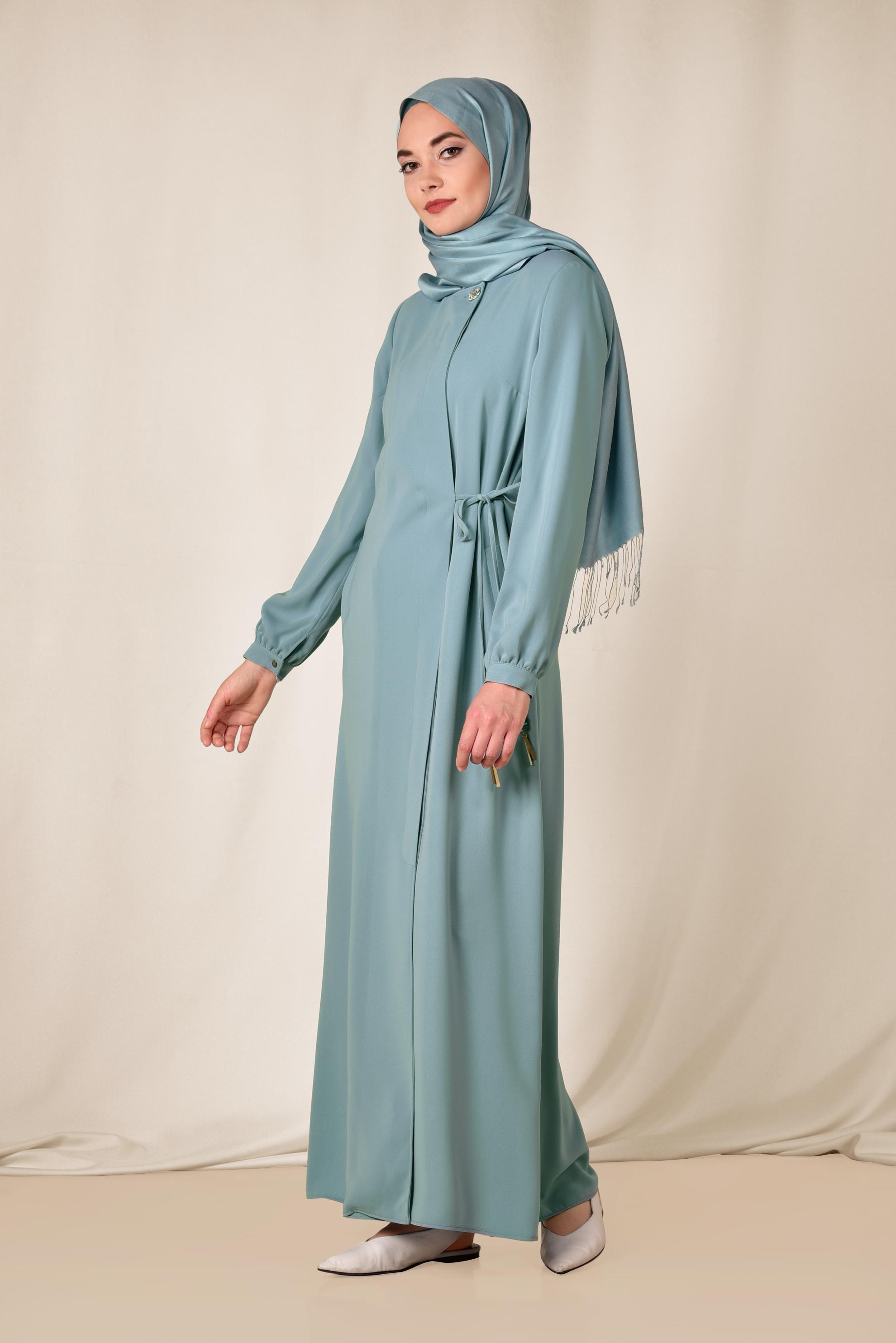 Hijab clothing BLUE Waist Lace Up Hidden Buttoned Abaya 8303 