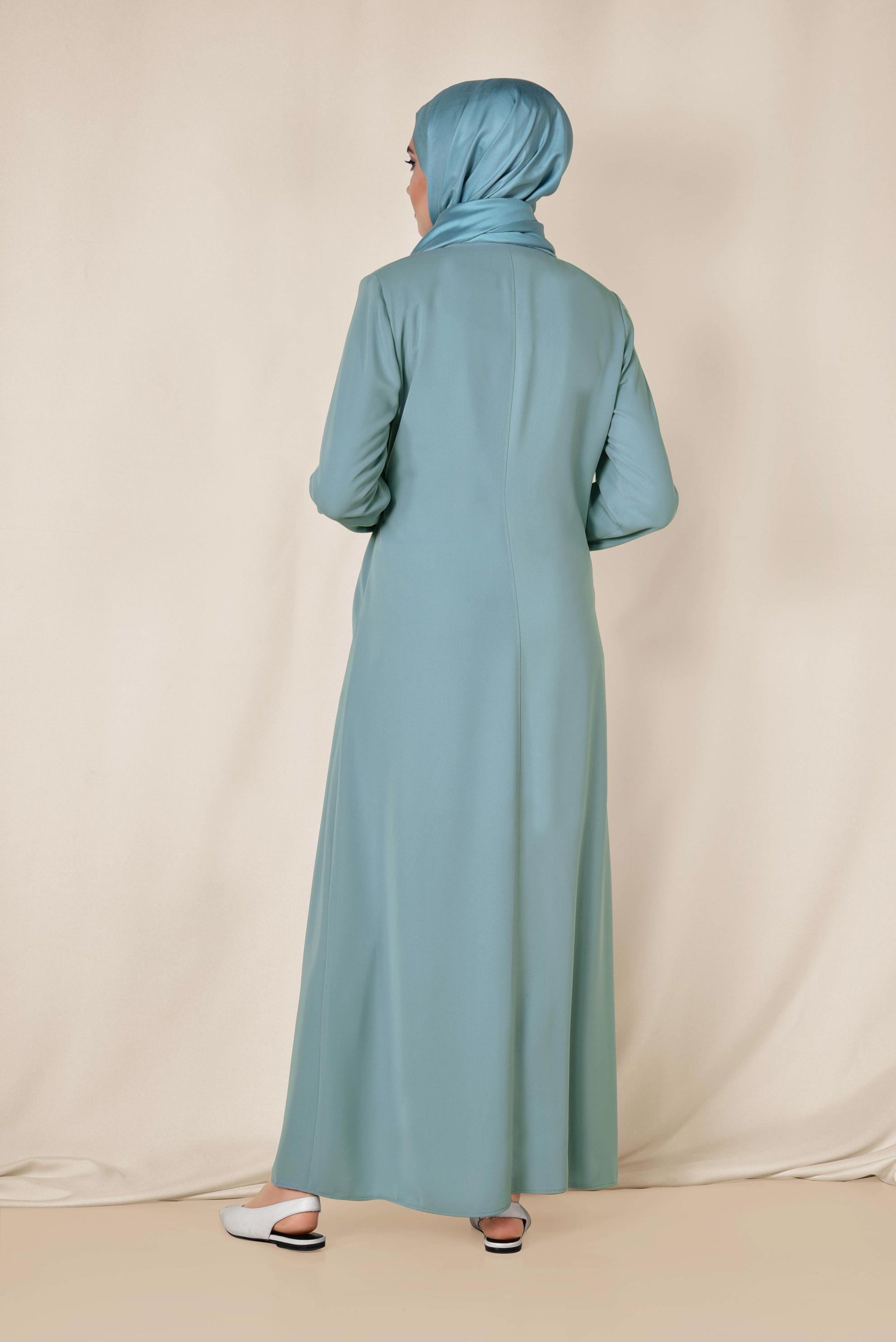 Hijab clothing BLUE Waist Lace Up Hidden Buttoned Abaya 8303 