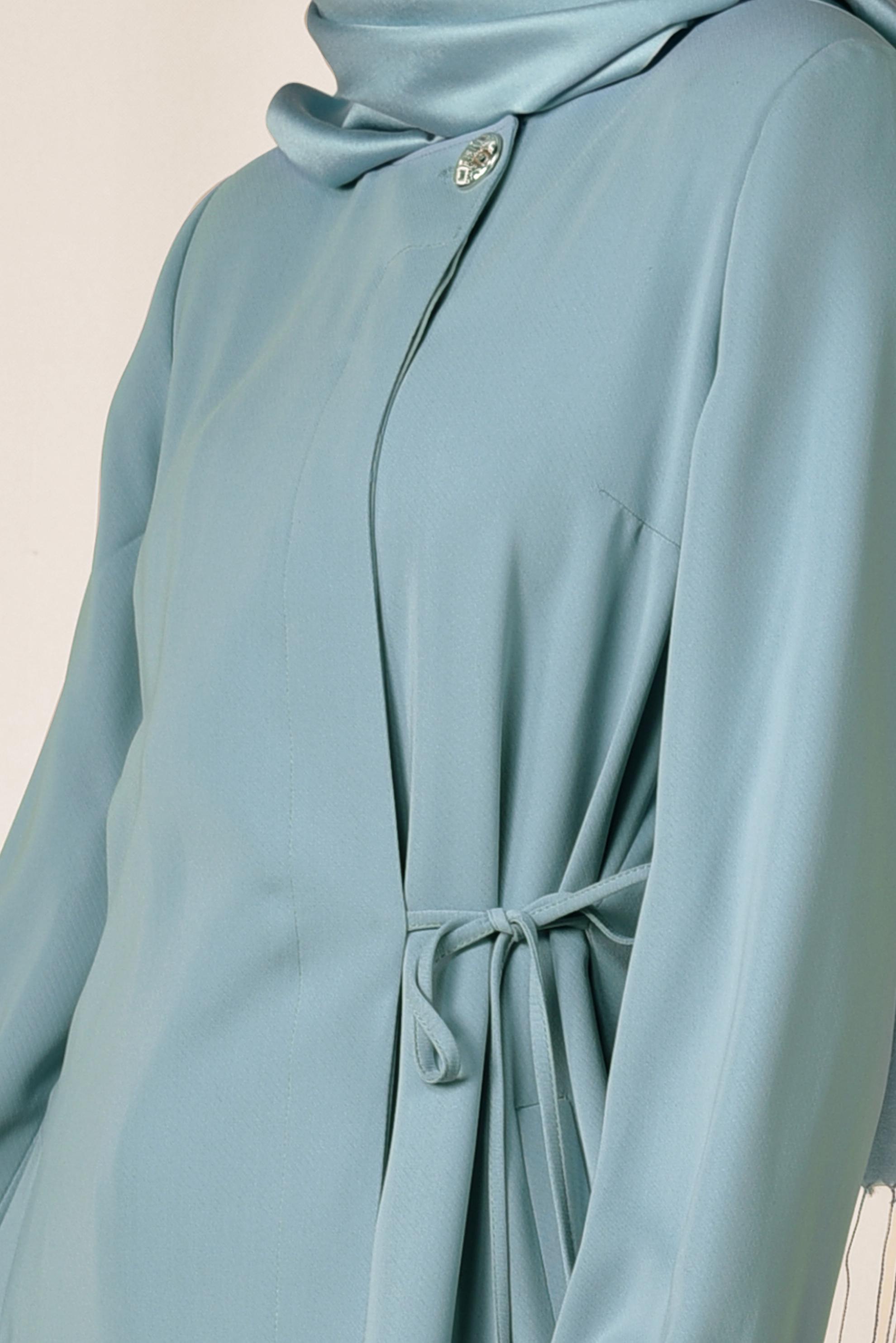 Hijab clothing BLUE Waist Lace Up Hidden Buttoned Abaya 8303 