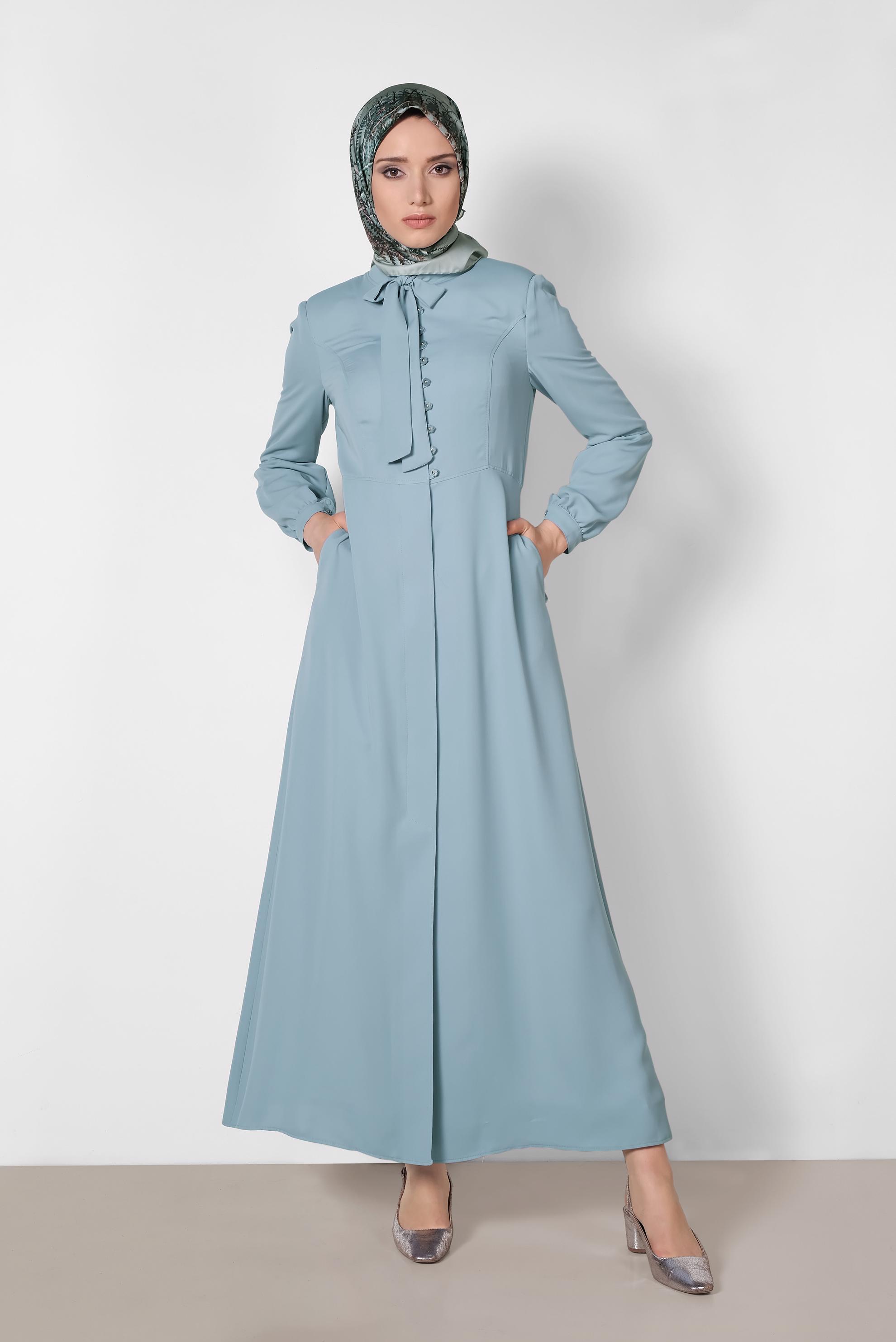 Hijab clothing BLUE Hidden Button Bow-Tie Collar Abaya 8304 