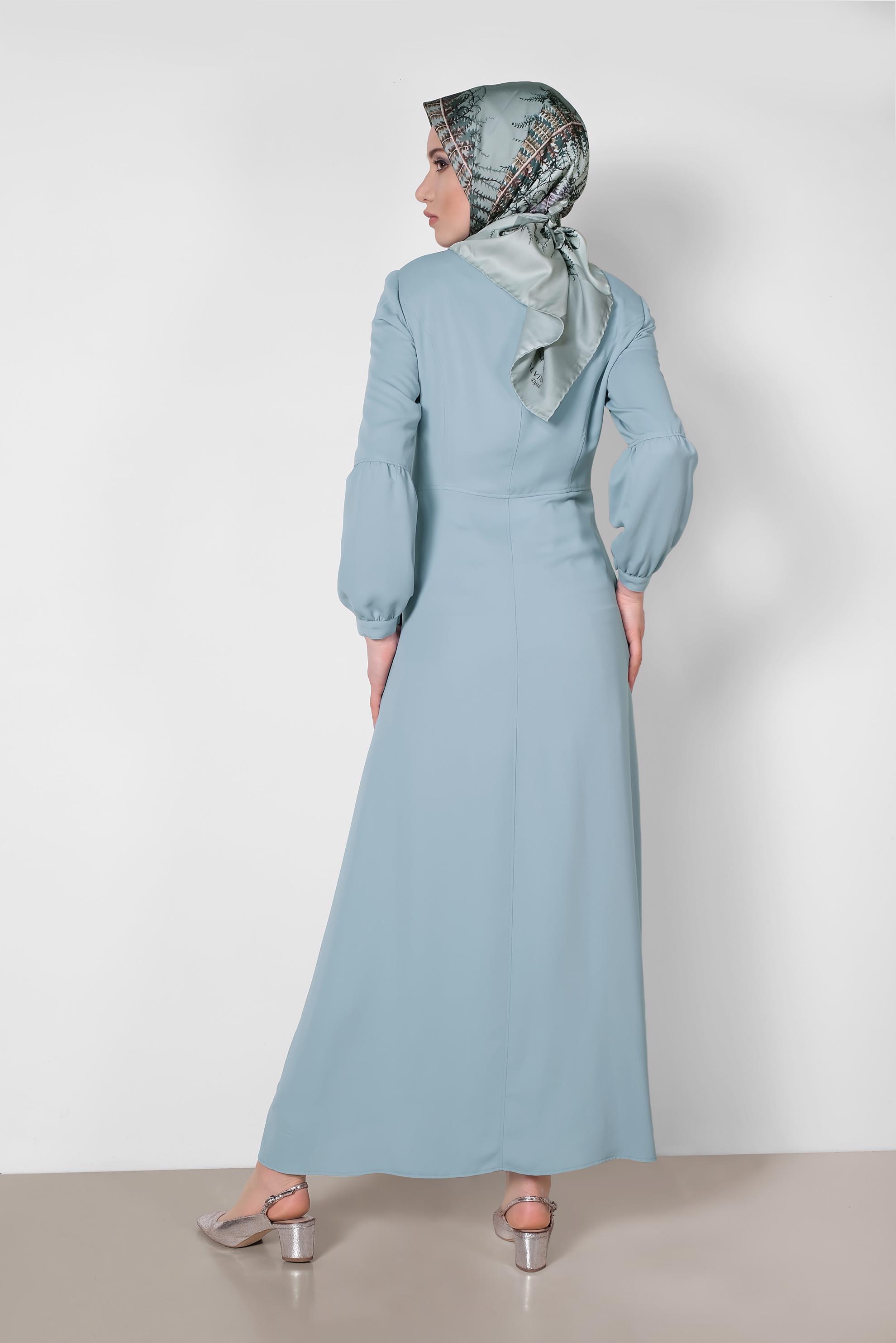 Hijab clothing BLUE Hidden Button Bow-Tie Collar Abaya 8304 