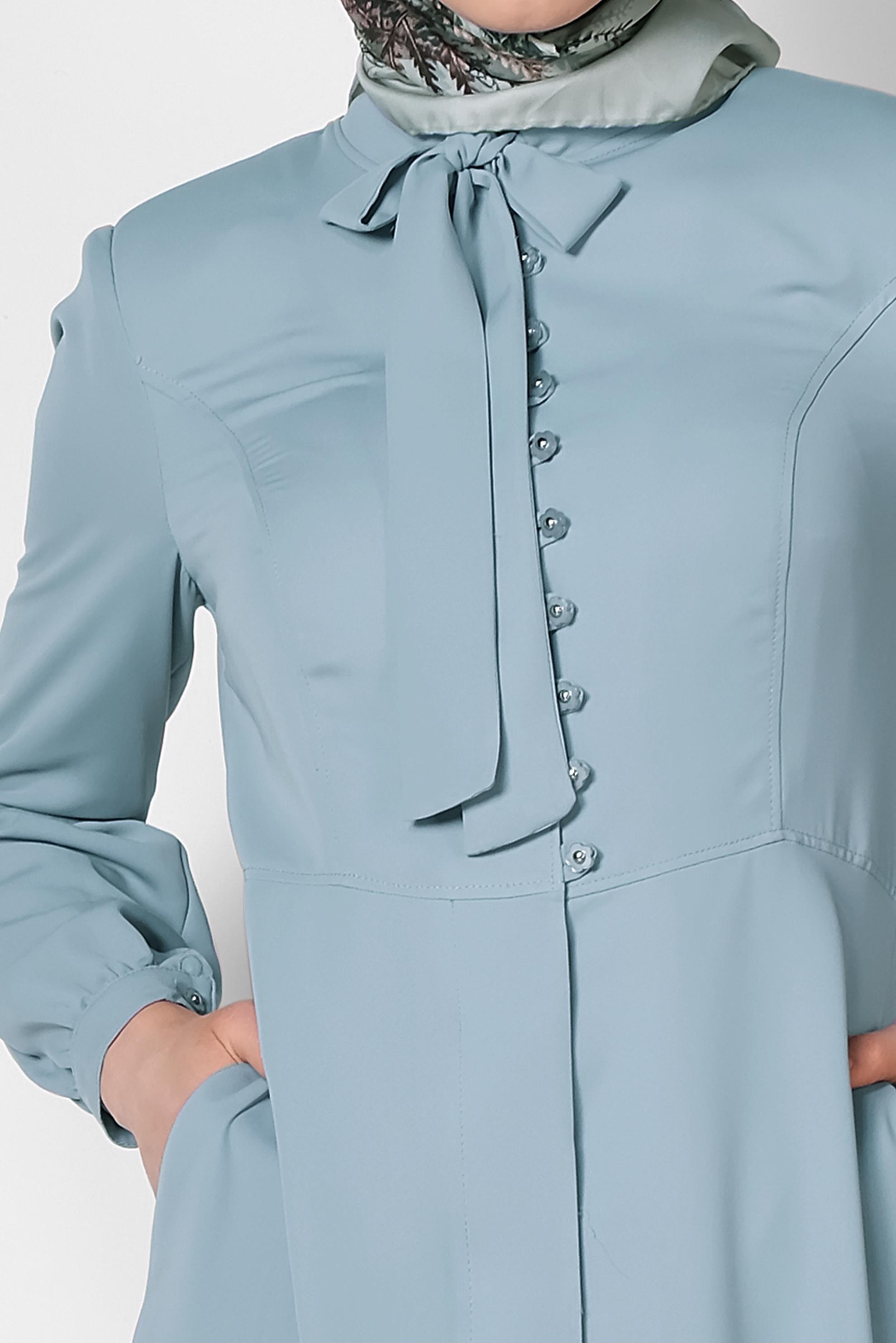 Hijab clothing BLUE Hidden Button Bow-Tie Collar Abaya 8304 