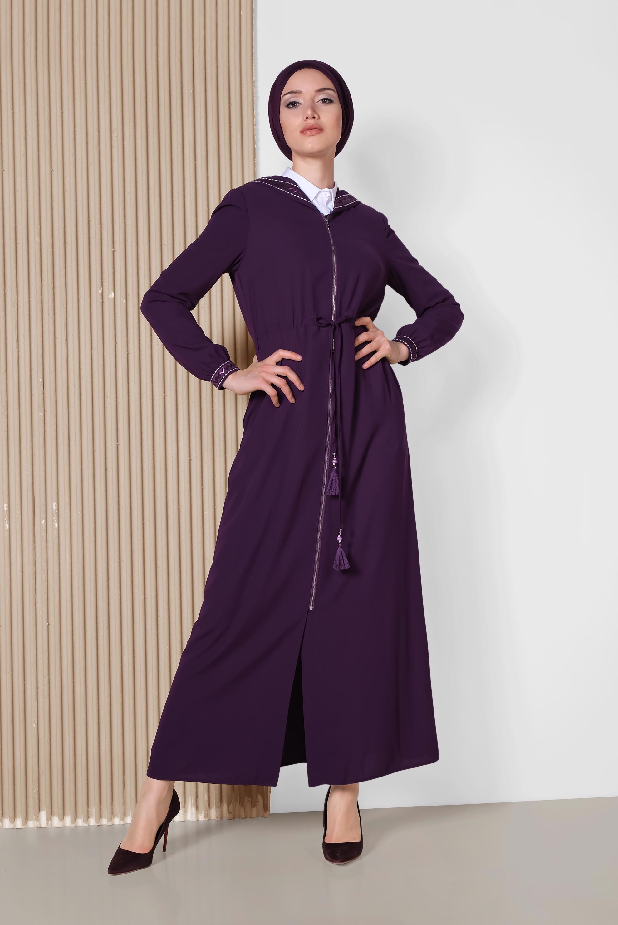 Hijab clothing PURPLE Embroidery Detailed Zippered Abaya 8305 