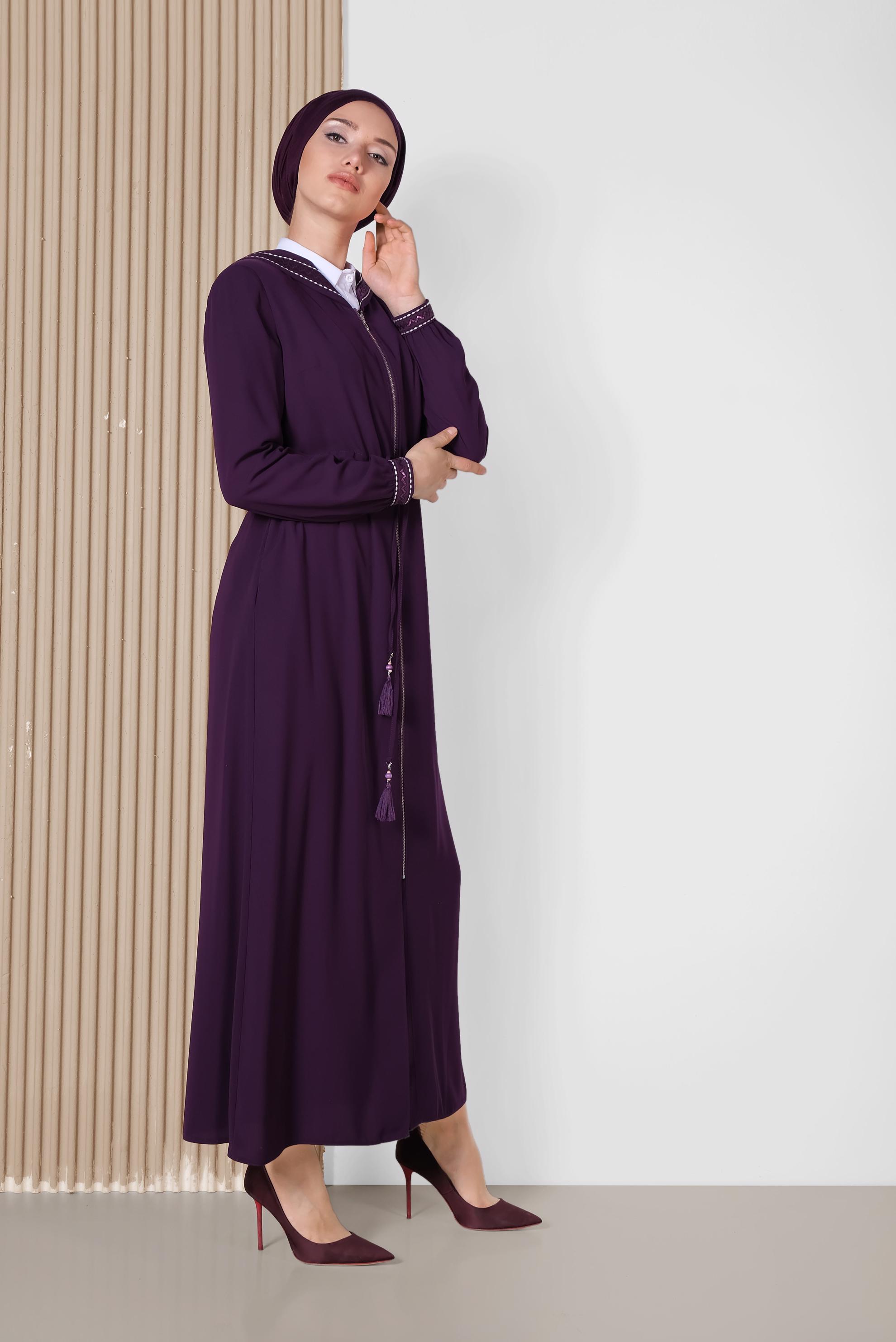 Hijab clothing PURPLE Embroidery Detailed Zippered Abaya 8305 
