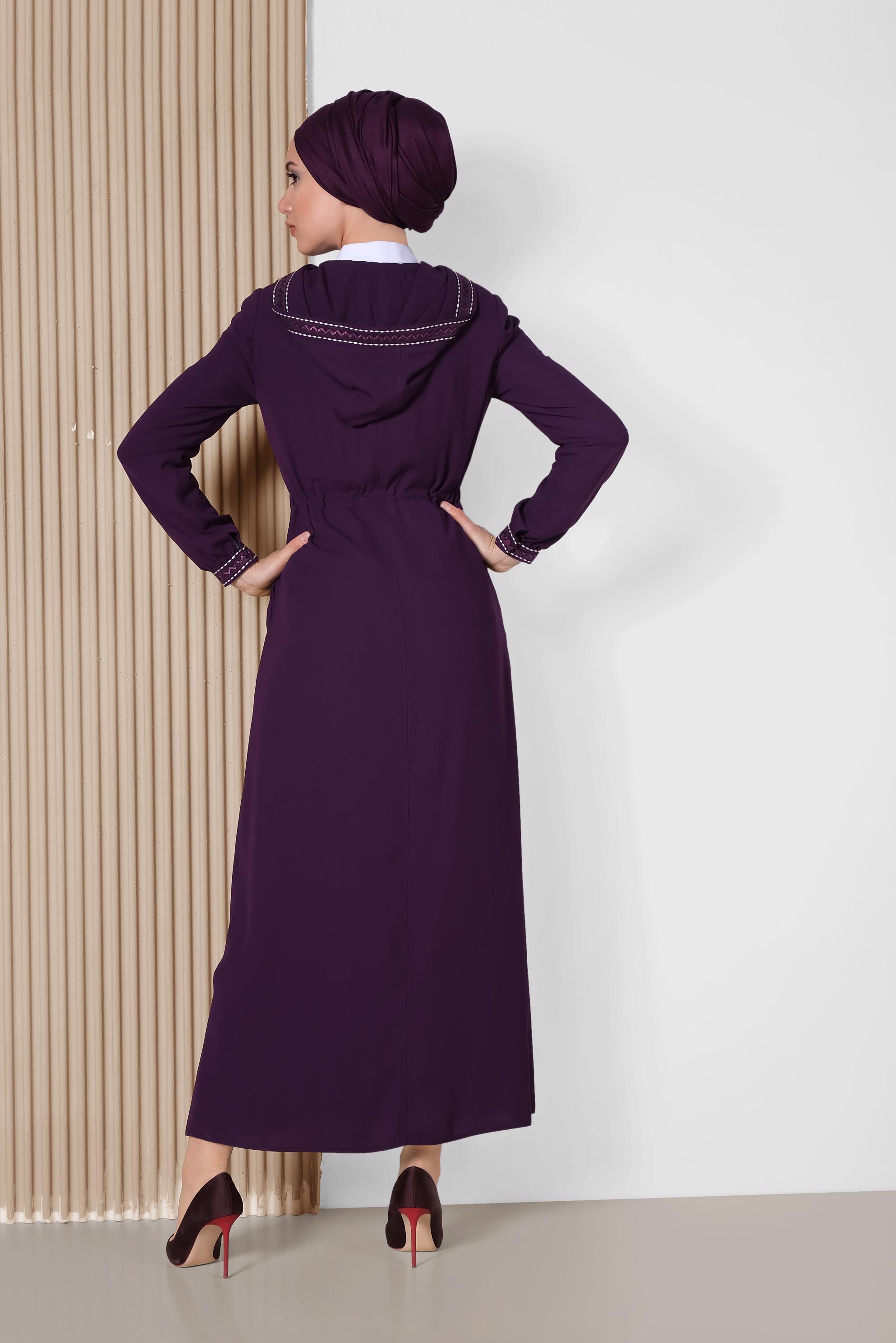 Hijab clothing PURPLE Embroidery Detailed Zippered Abaya 8305 