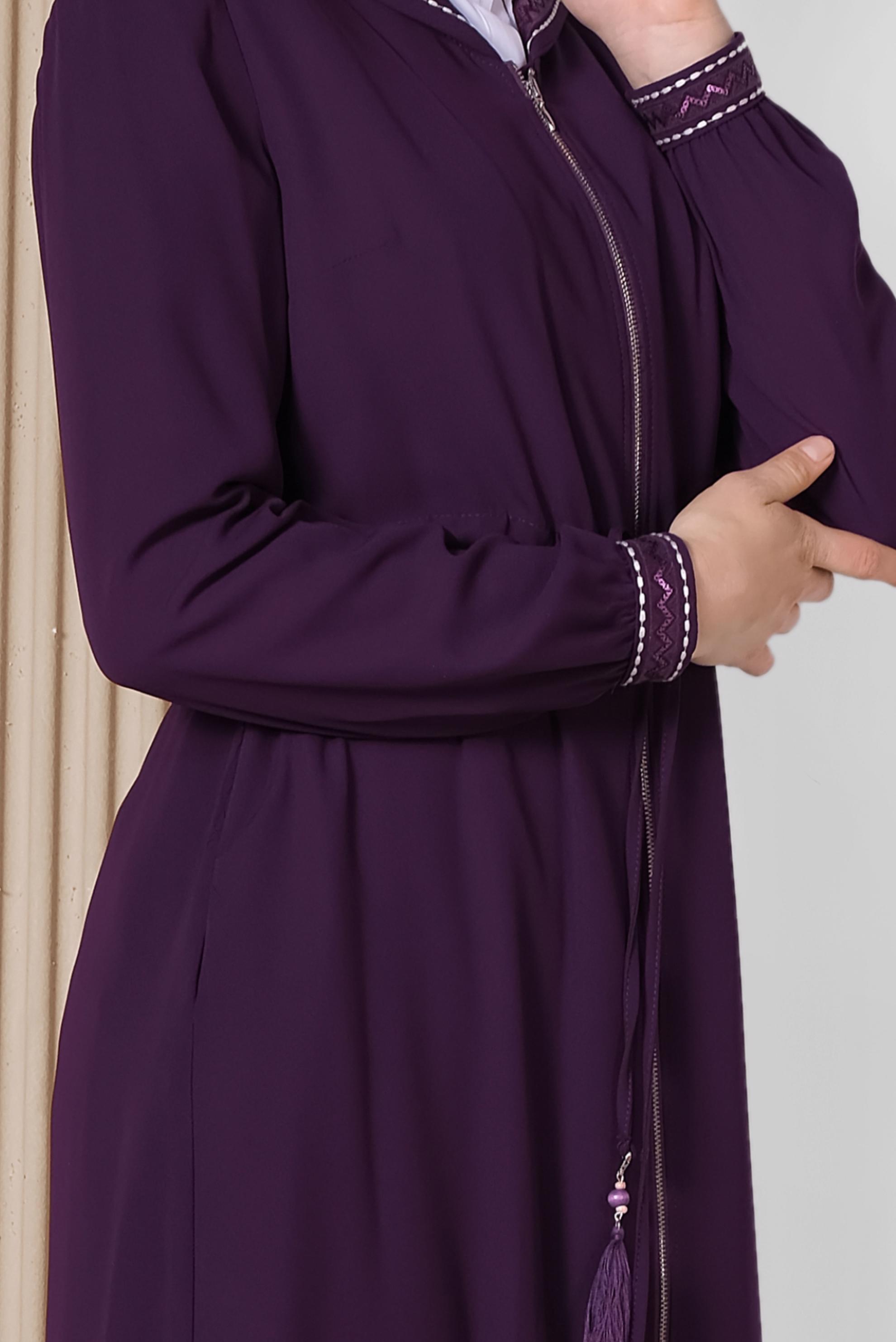 Hijab clothing PURPLE Embroidery Detailed Zippered Abaya 8305 