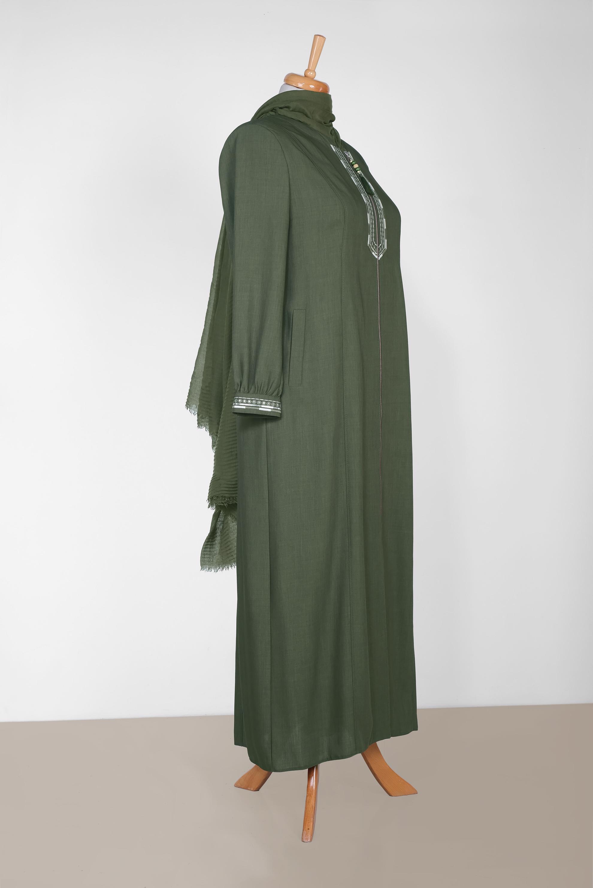 Tesettür giyim HAKİ PUL VE NAKIŞ DETAYLI FERACE 8306