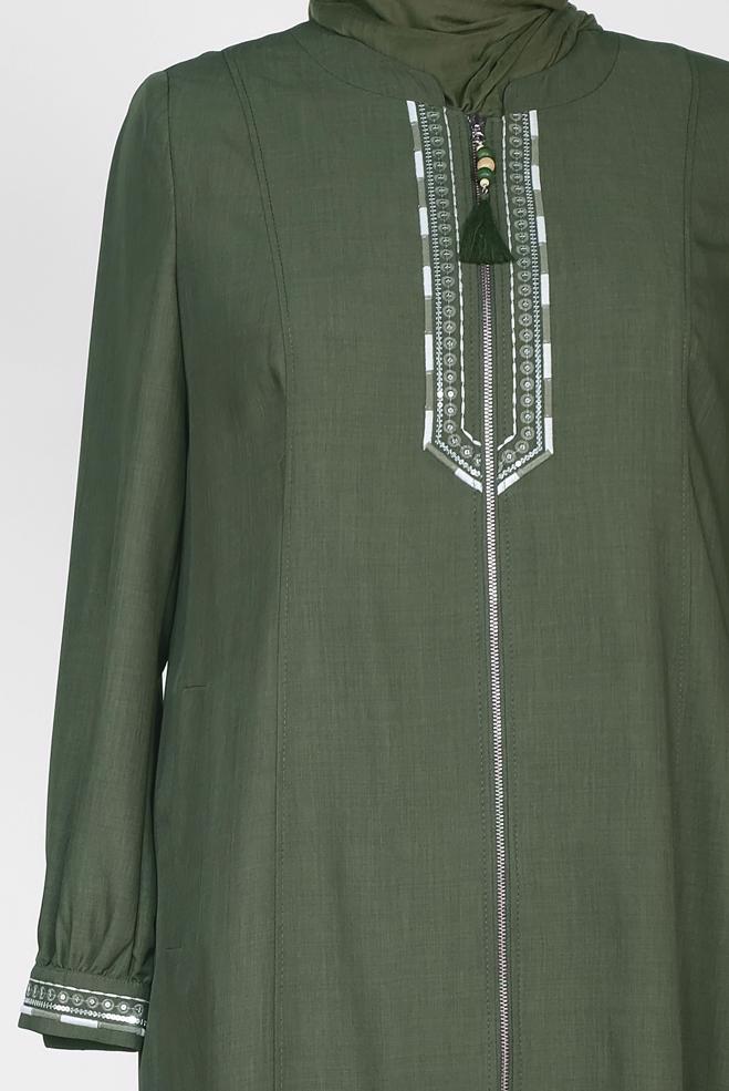 Vêtements hijab KAKI ABAYA DÉTAILLÉE À PAILLETTES ET BRODERIES 8306 - ALVİNA
