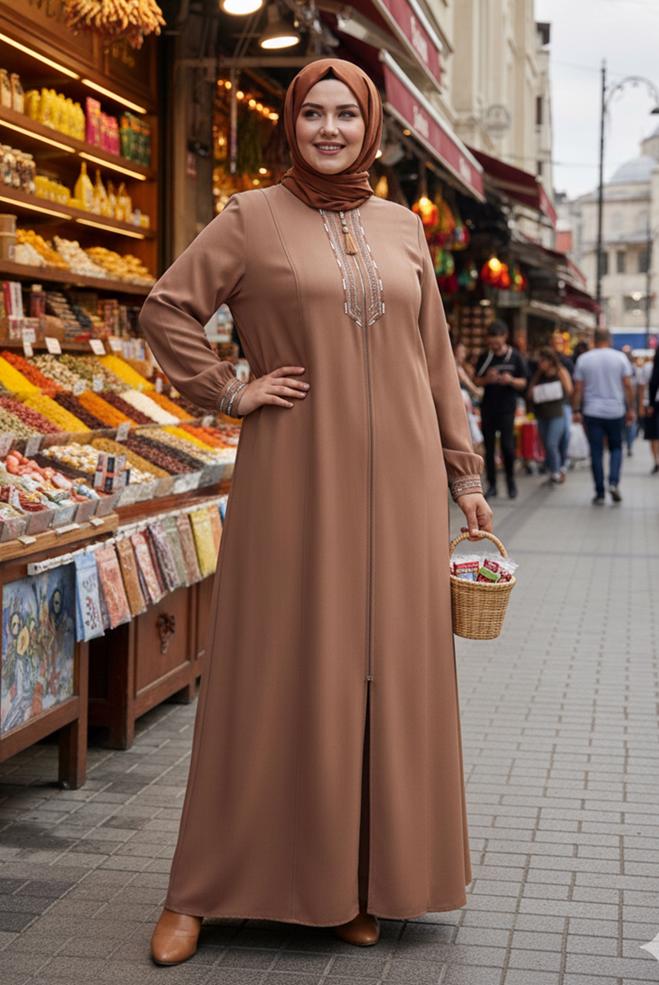 Hijab clothing BROWN SEQUIN AND EMBROIDERY DETAILED ABAYA 8306 - ALVİNA