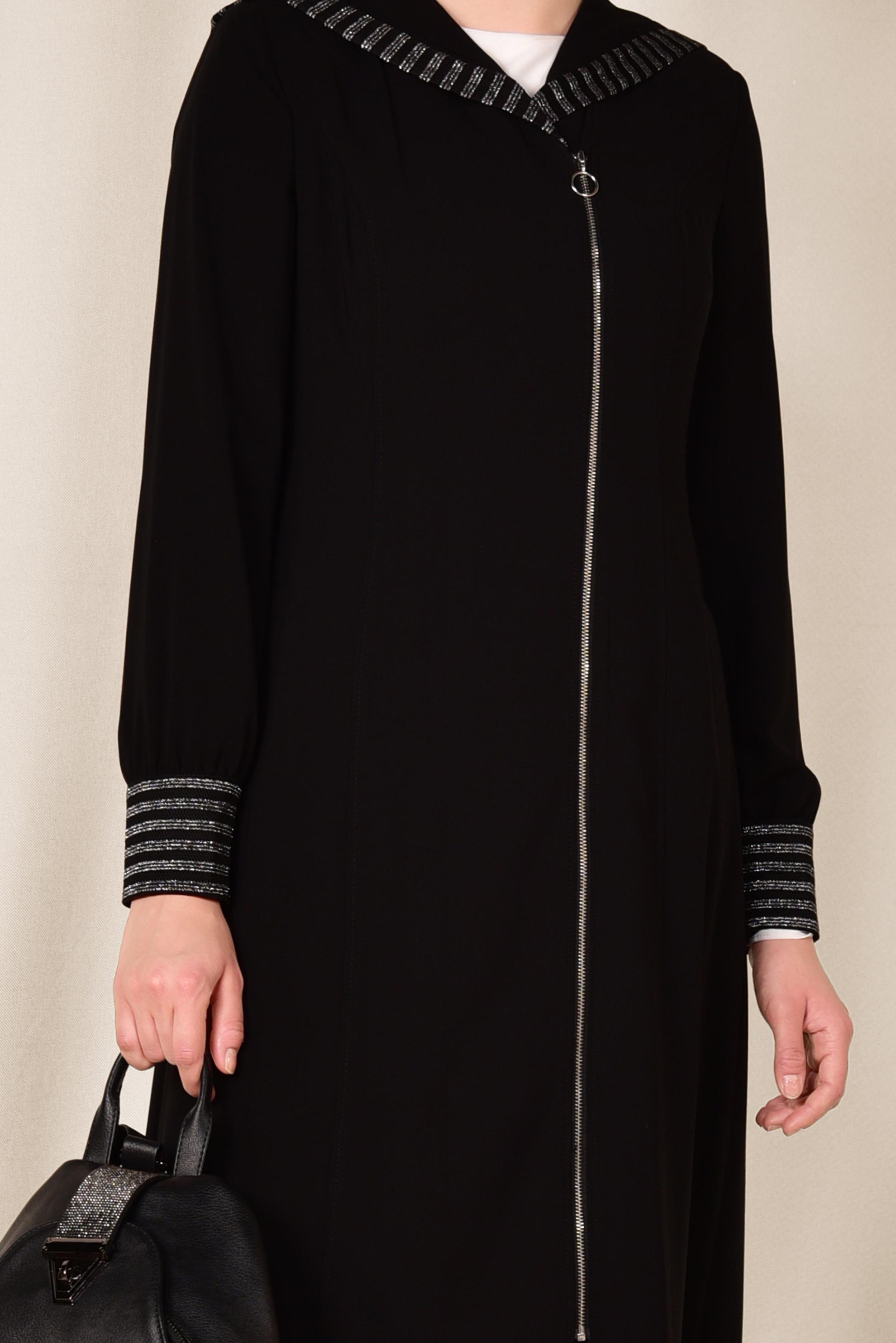 Tesettür giyim SİYAH SİM DETAYLI KAPÜŞONLU SPOR FERACE 8309