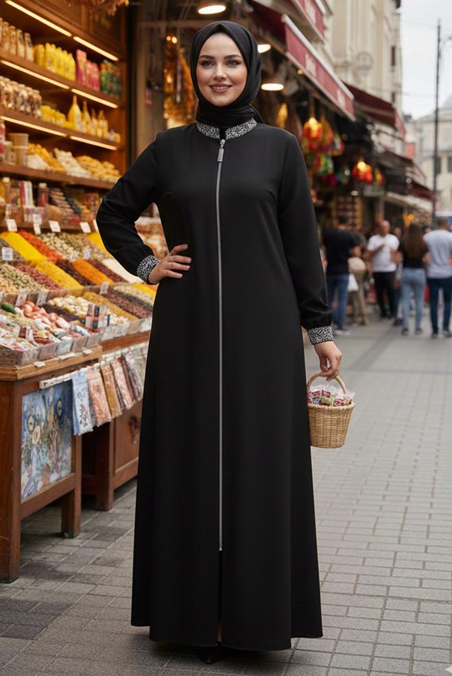 Hijab clothing BLACK EMBROIDERED ABAYA 8311 - ALVİNA
