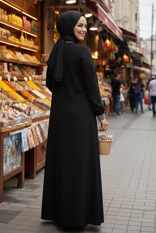 Hijab clothing BLACK EMBROIDERED ABAYA 8311 - ALVİNA