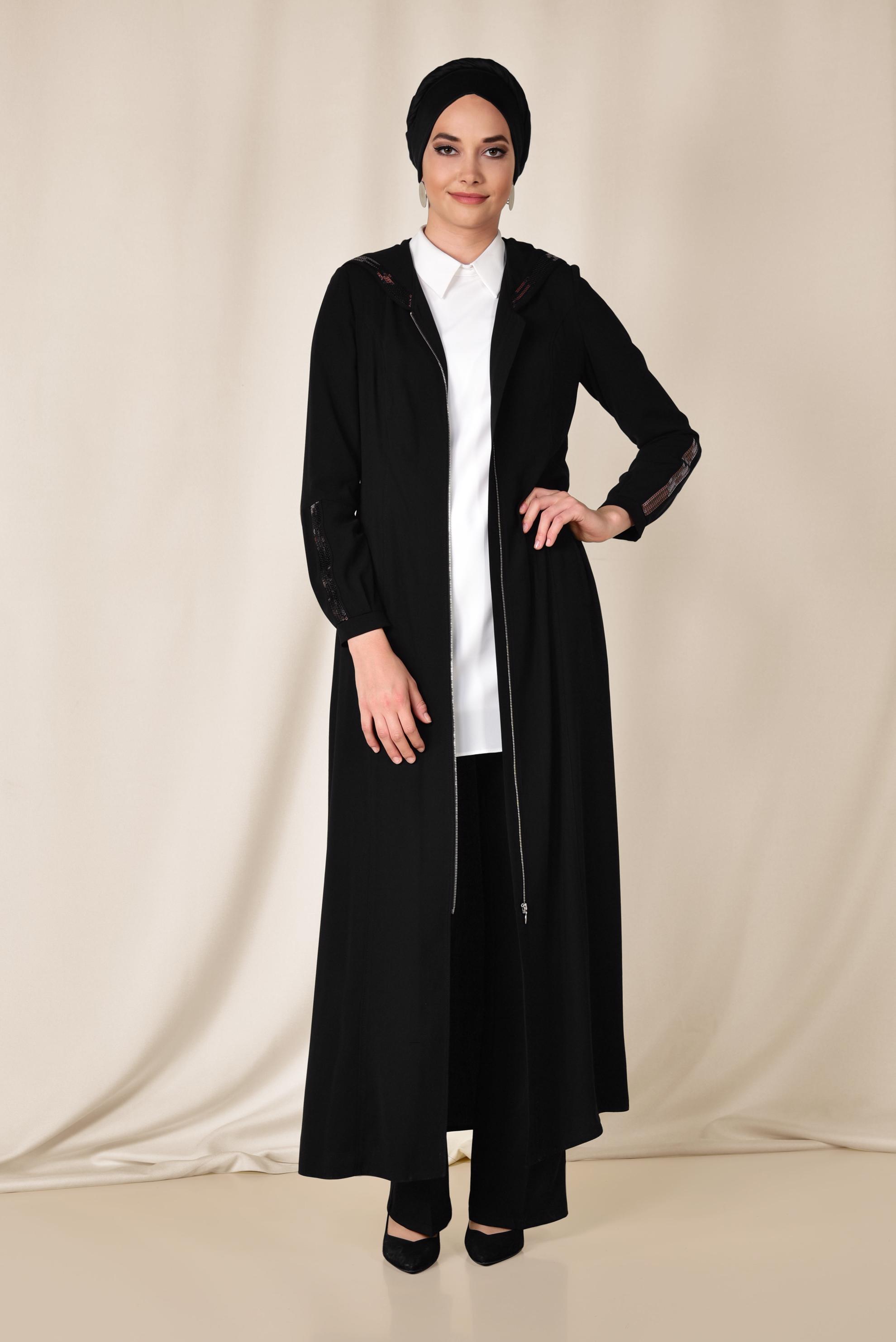 Tesettür giyim SİYAH PUL PAYET DETAYLI FERMUARLI FERACE 8312