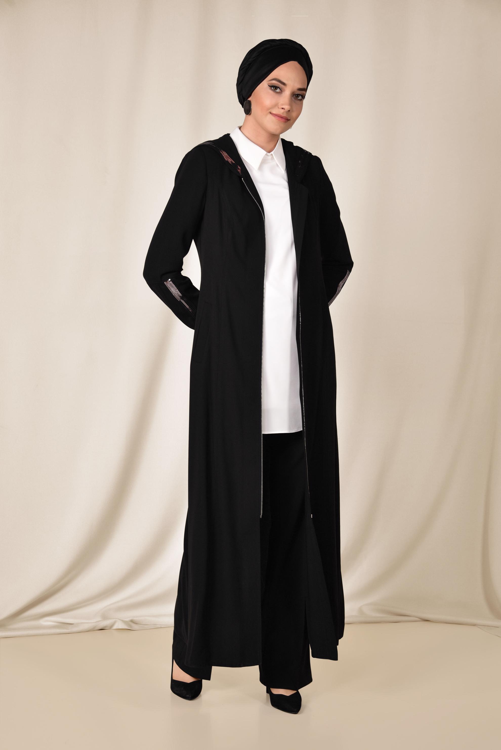 Tesettür giyim SİYAH PUL PAYET DETAYLI FERMUARLI FERACE 8312