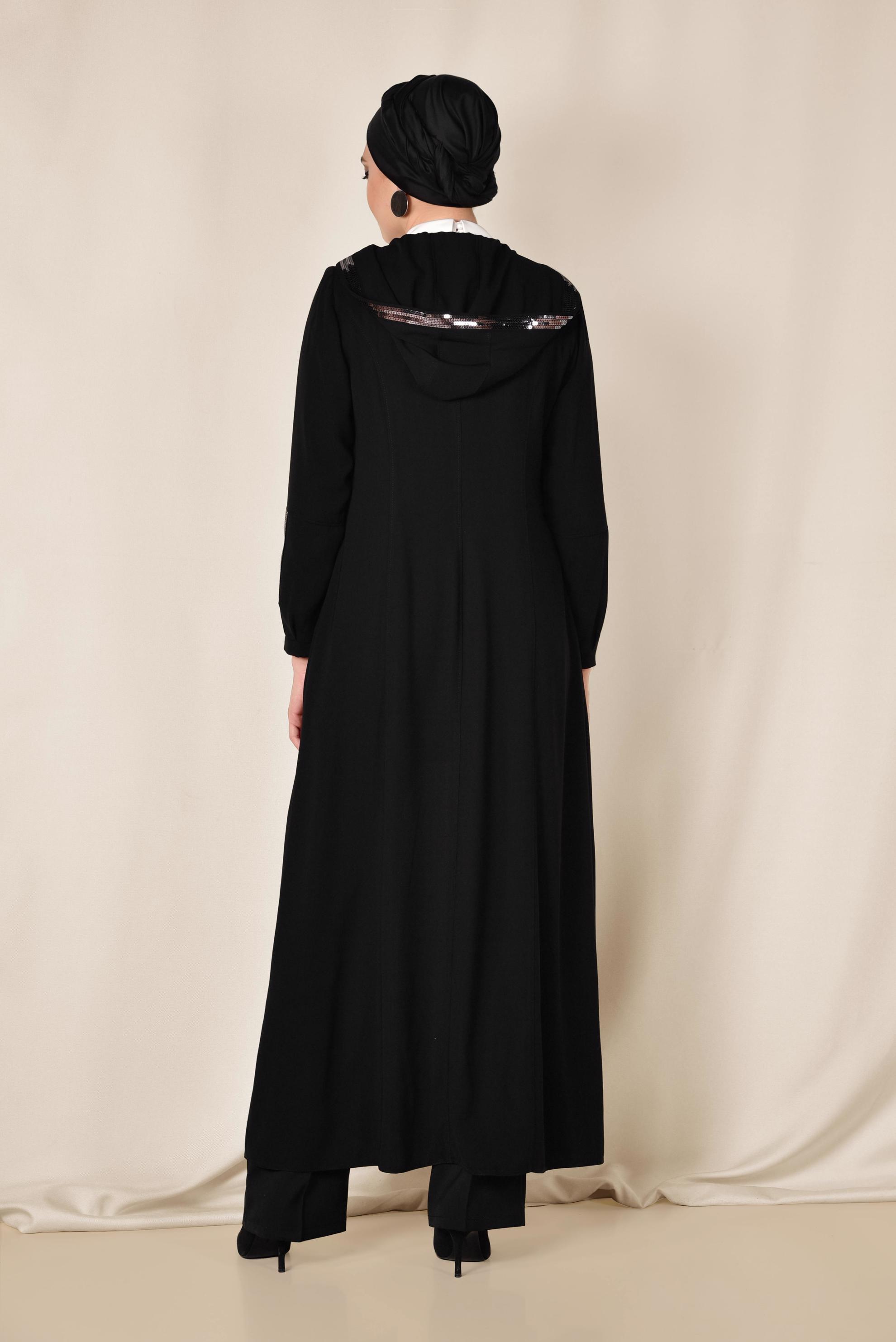 Tesettür giyim SİYAH PUL PAYET DETAYLI FERMUARLI FERACE 8312