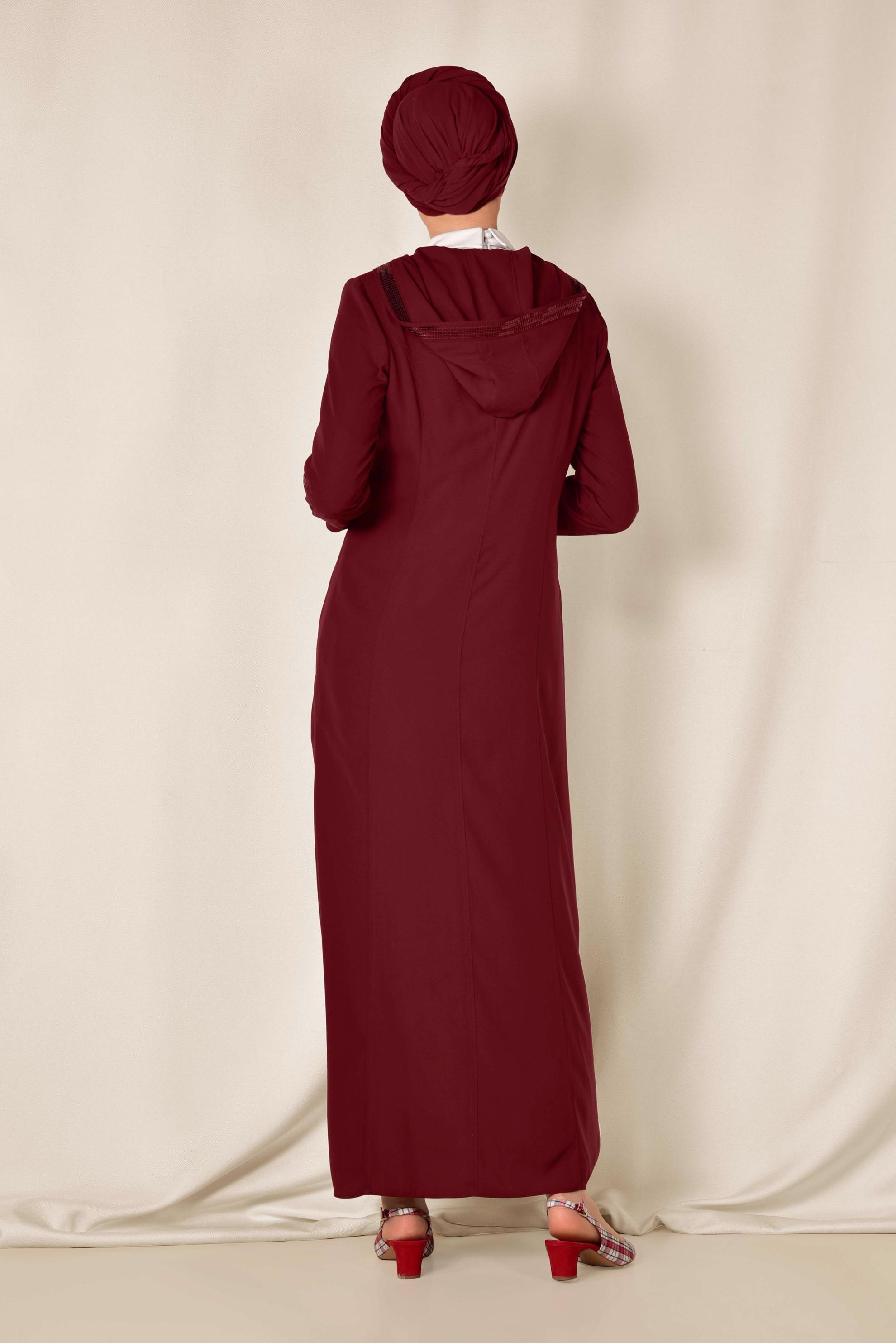 Tesettür giyim BORDO PUL PAYET DETAYLI FERMUARLI FERACE 8312