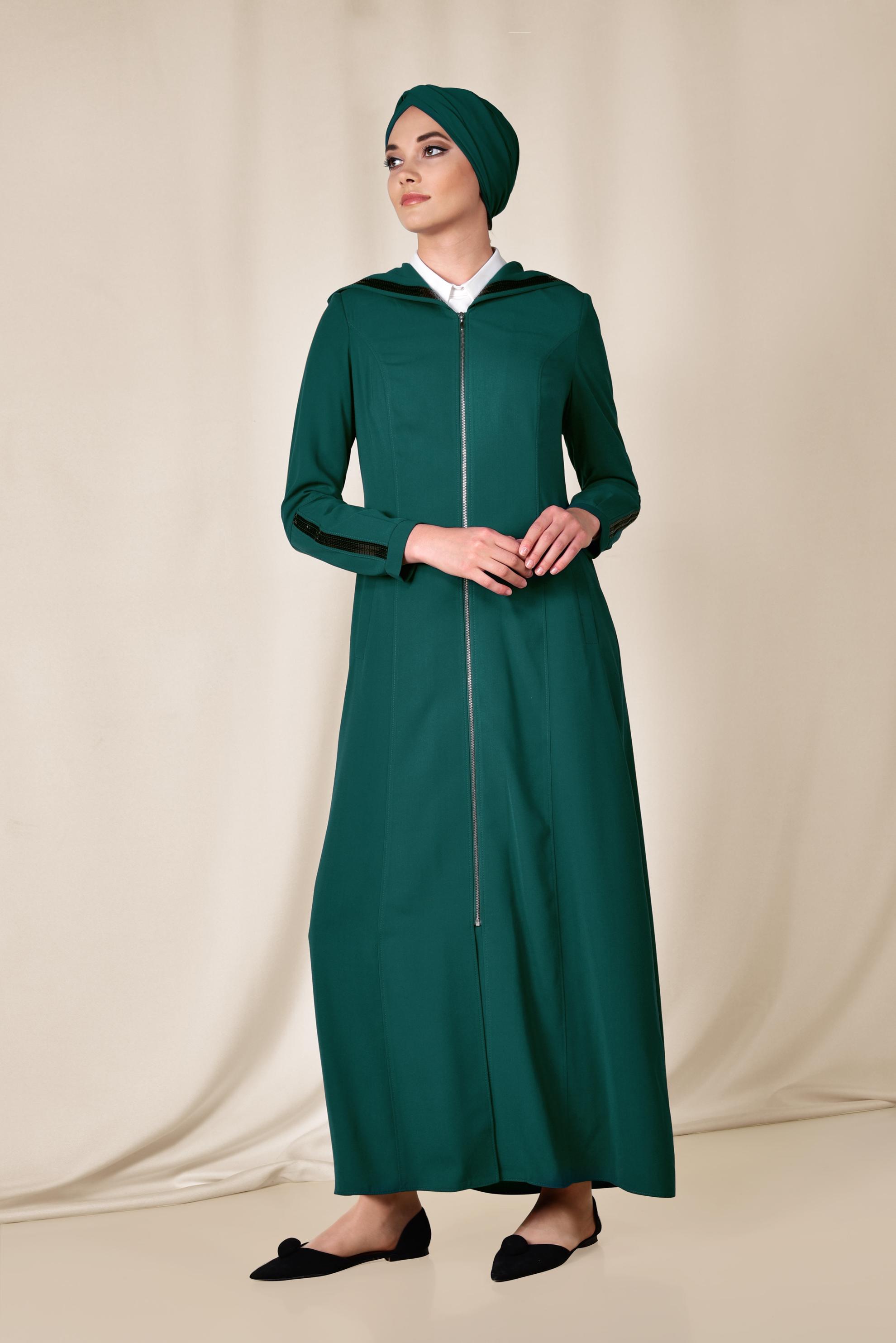 Tesettür giyim MAVİ PUL PAYET DETAYLI FERMUARLI FERACE 8312