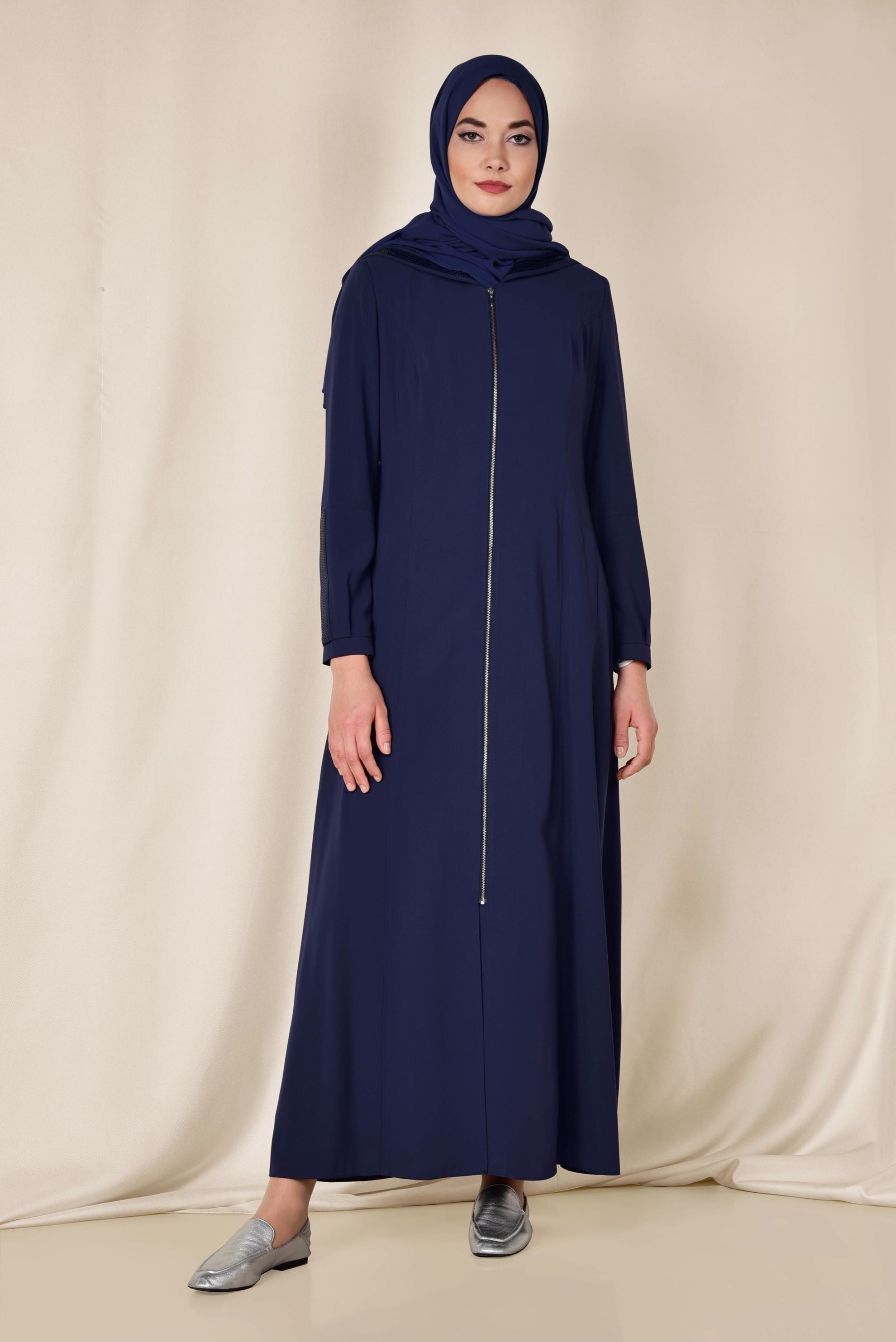 Tesettür giyim LACİVERT PUL PAYET DETAYLI FERMUARLI FERACE 8312