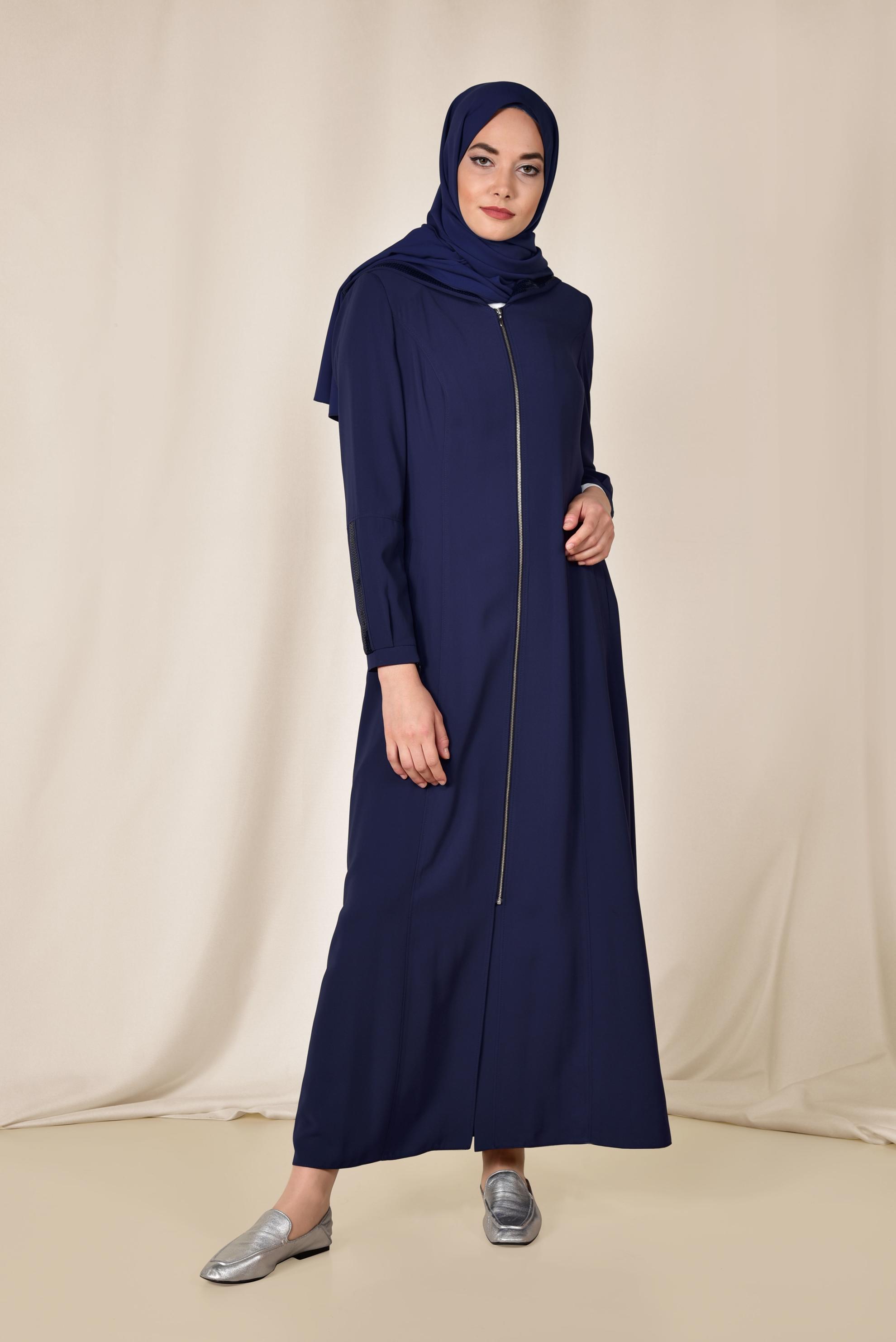 Tesettür giyim LACİVERT PUL PAYET DETAYLI FERMUARLI FERACE 8312