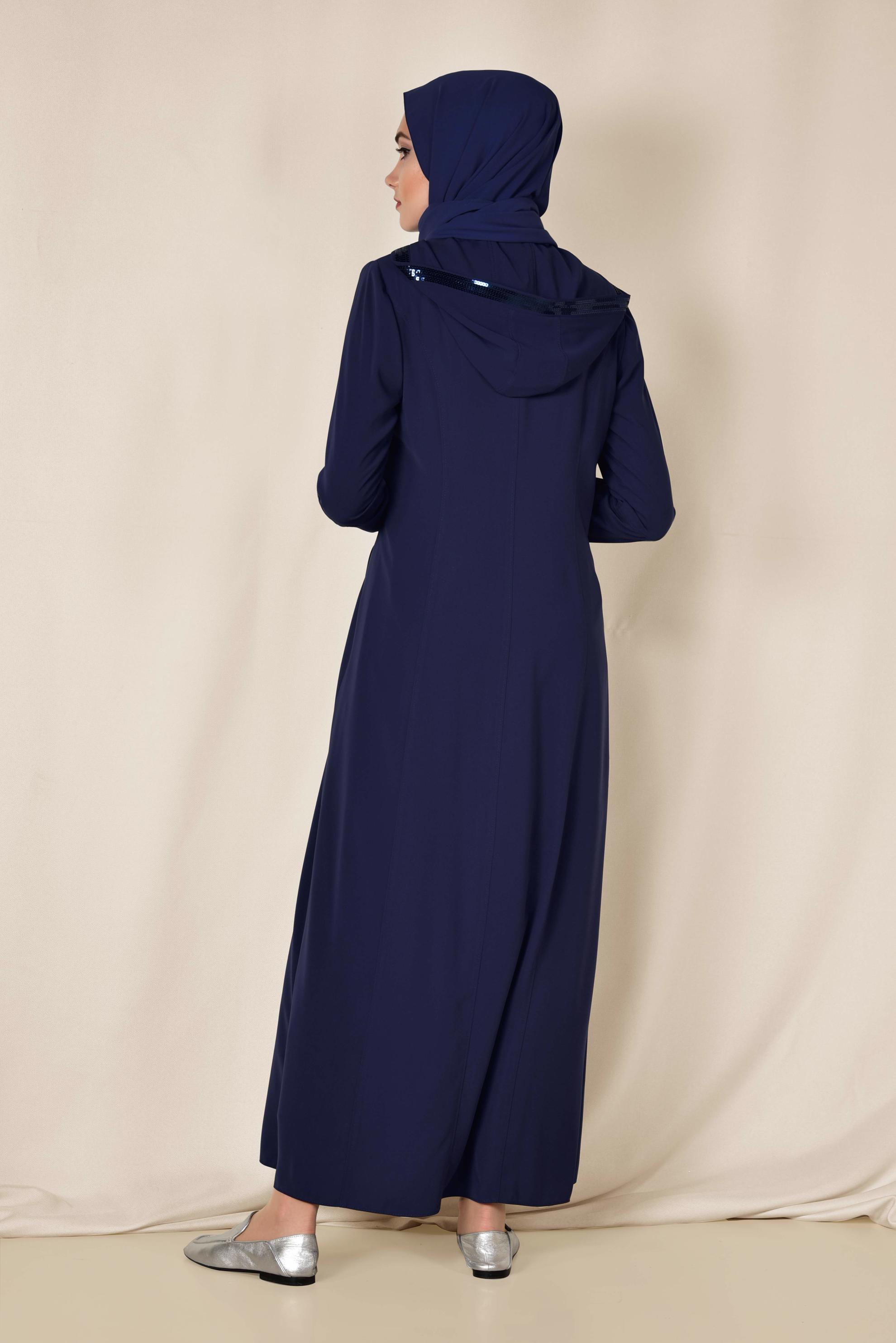 Tesettür giyim LACİVERT PUL PAYET DETAYLI FERMUARLI FERACE 8312