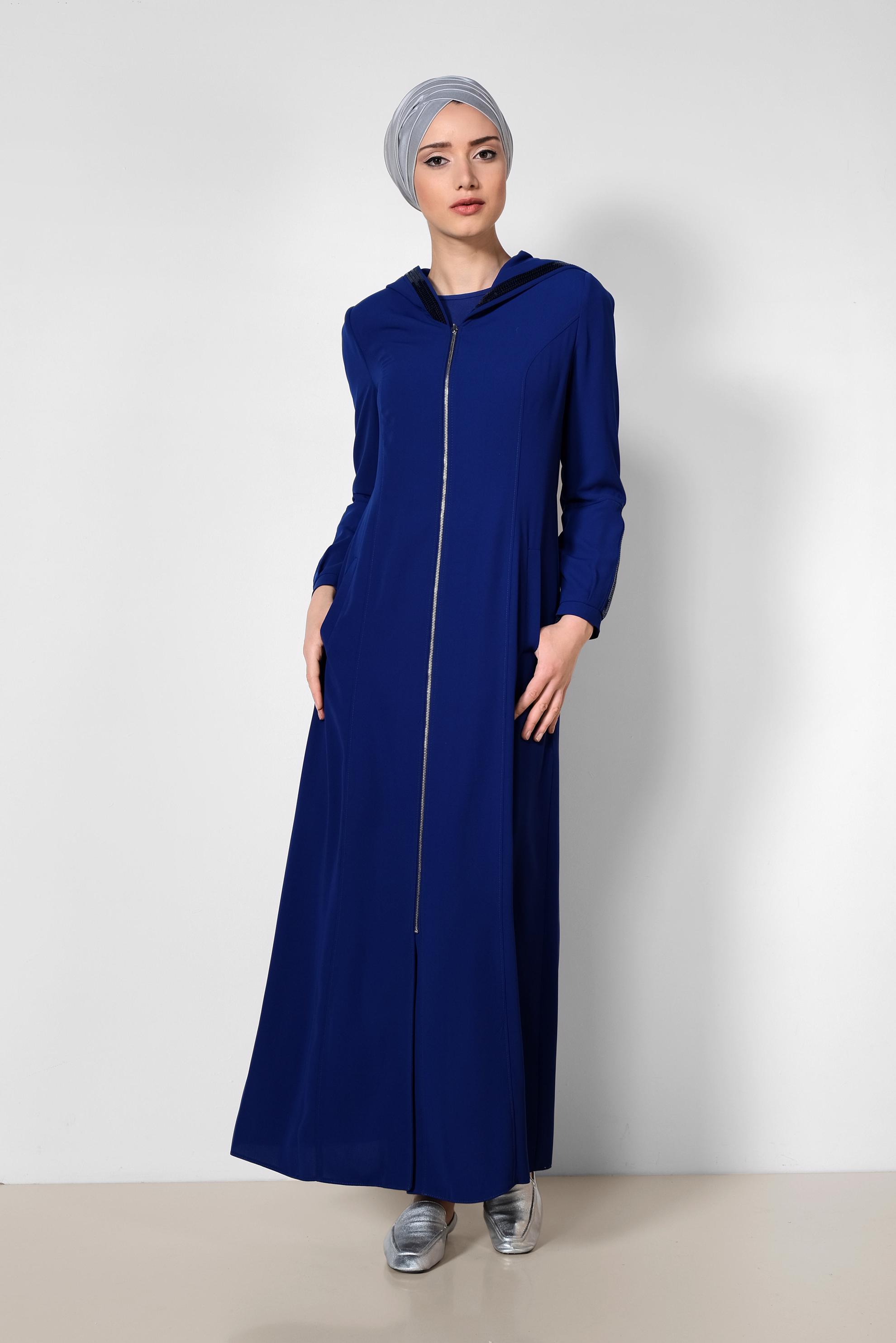 Tesettür giyim LACİVERT PUL PAYET DETAYLI FERMUARLI FERACE 8312