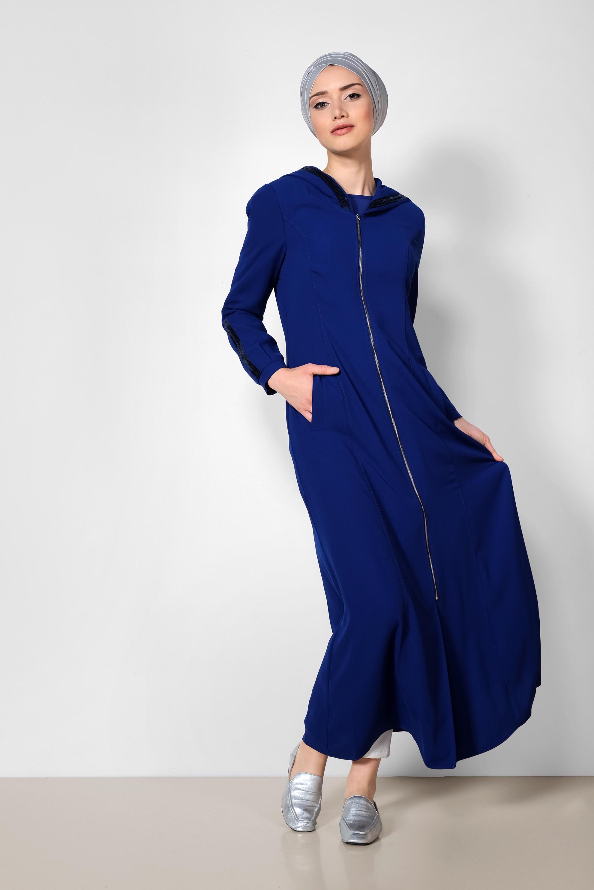 Tesettür giyim LACİVERT PUL PAYET DETAYLI FERMUARLI FERACE 8312