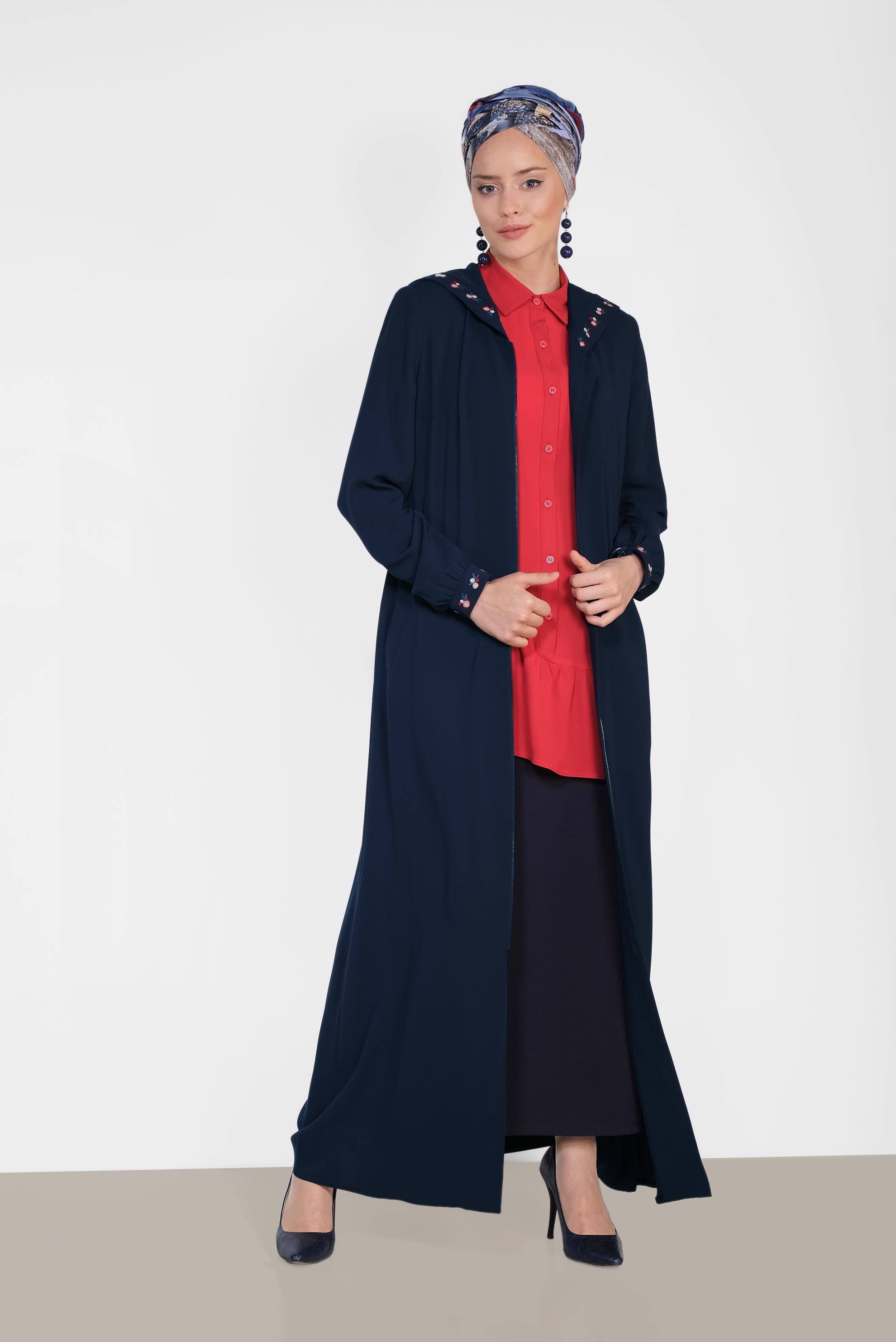 Hijab clothing NAVY BLUE Colourful Embroidered Front Zippered Sport Abaya 8313 