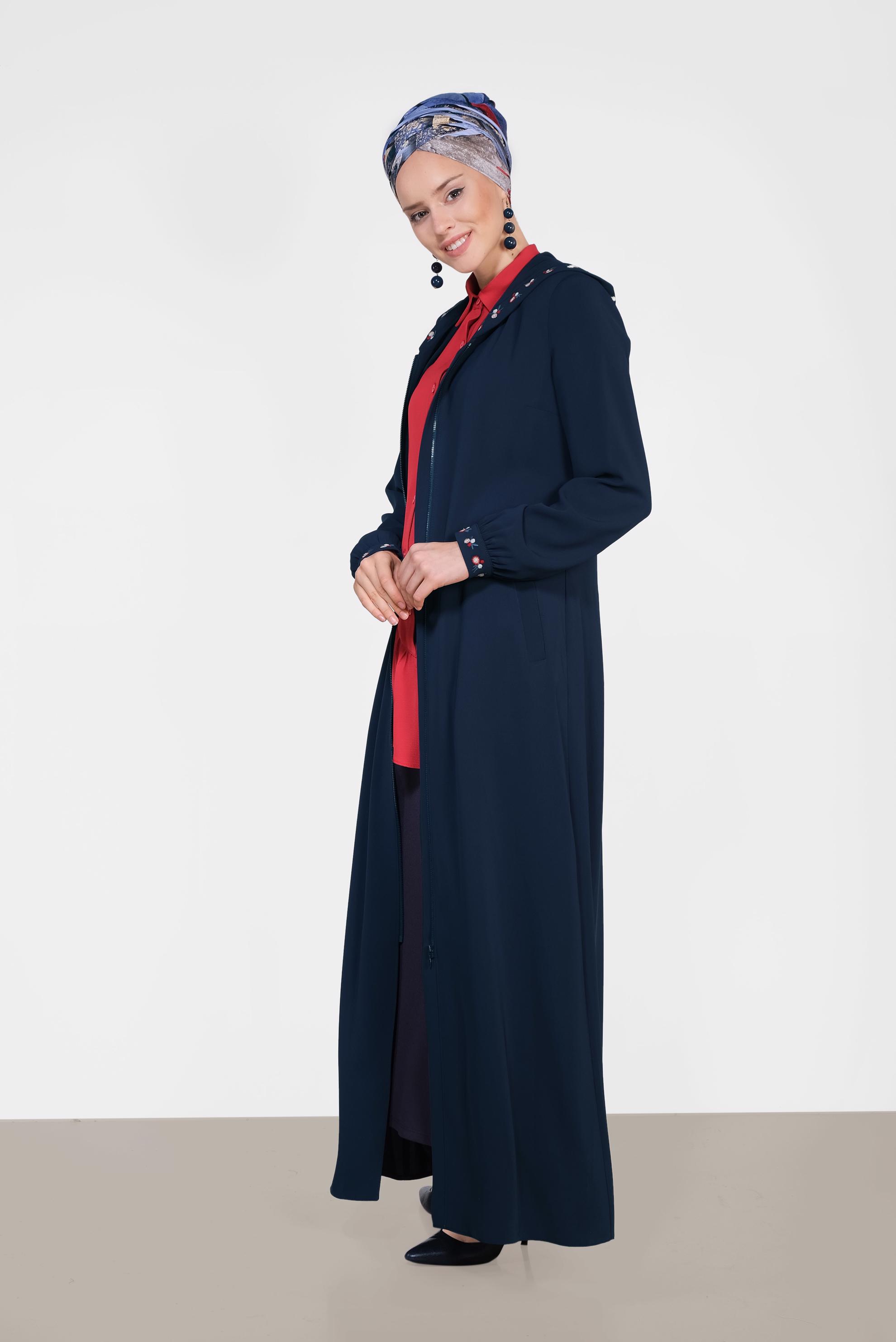 Hijab clothing NAVY BLUE Colourful Embroidered Front Zippered Sport Abaya 8313 