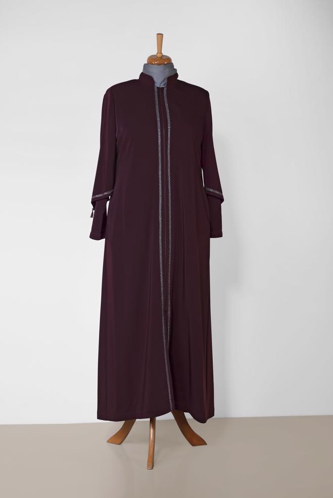 Hijab clothing PURPLE Mandarin Collar Embroidered Abaya 8317  - ALVİNA