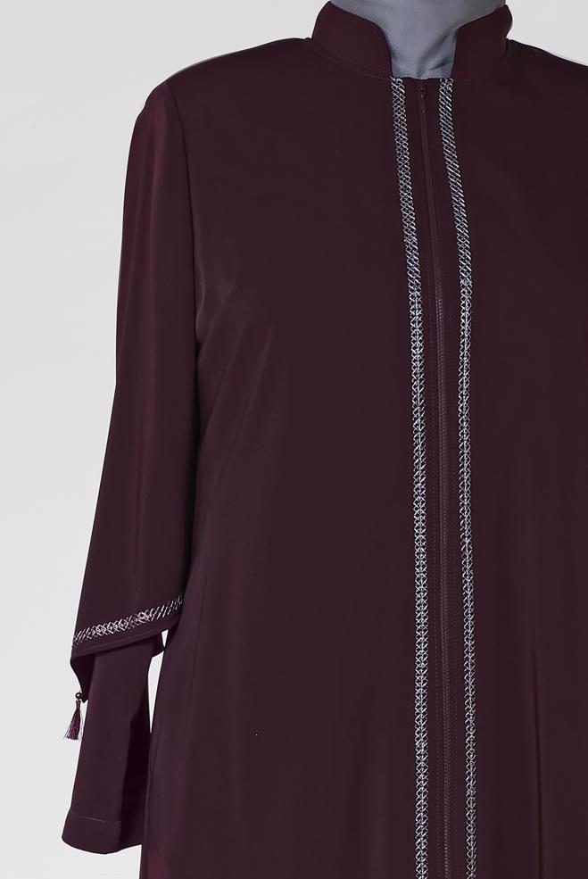 Hijab clothing PURPLE Mandarin Collar Embroidered Abaya 8317  - ALVİNA