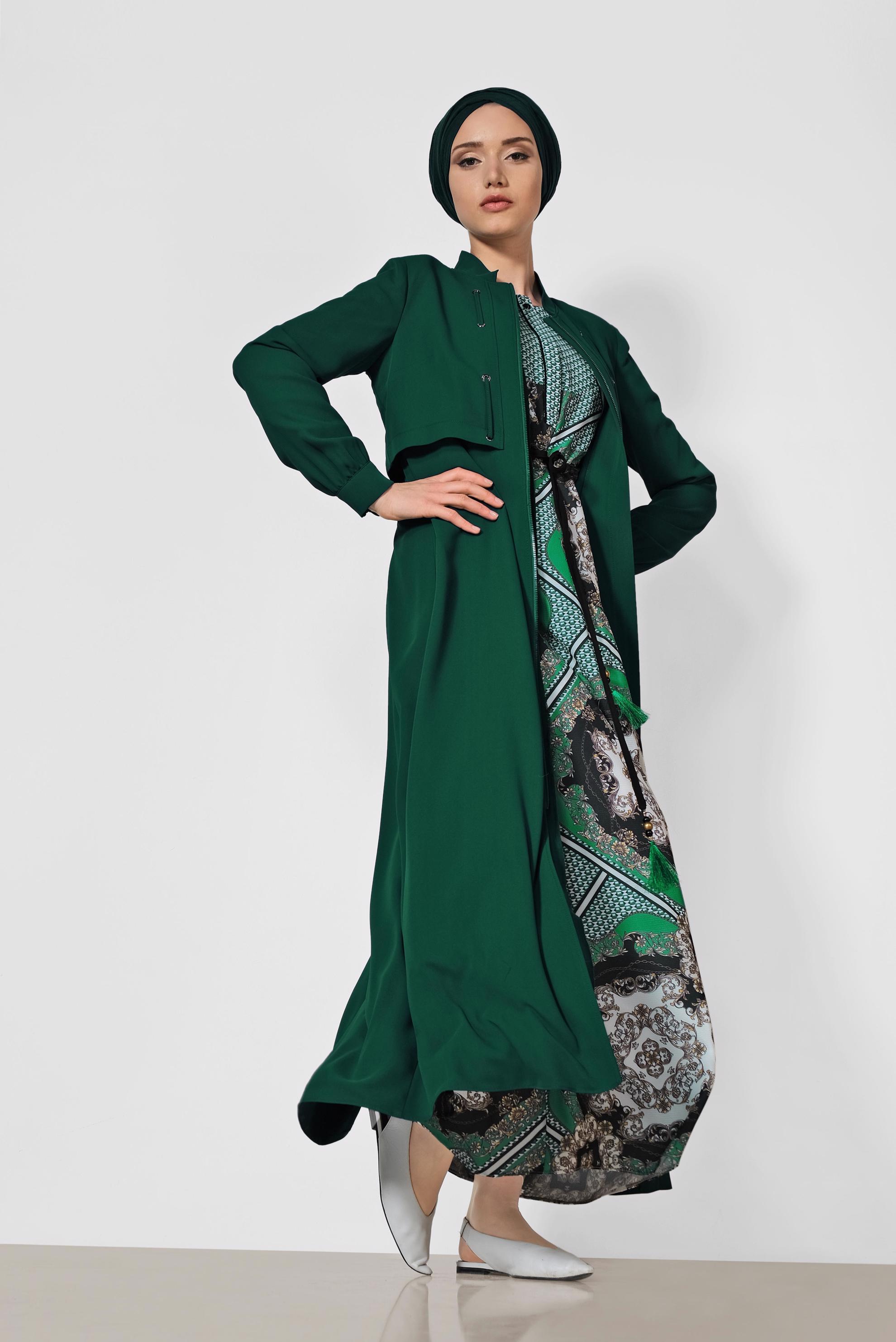 Hijab clothing GREEN Zippered Abaya 8318 