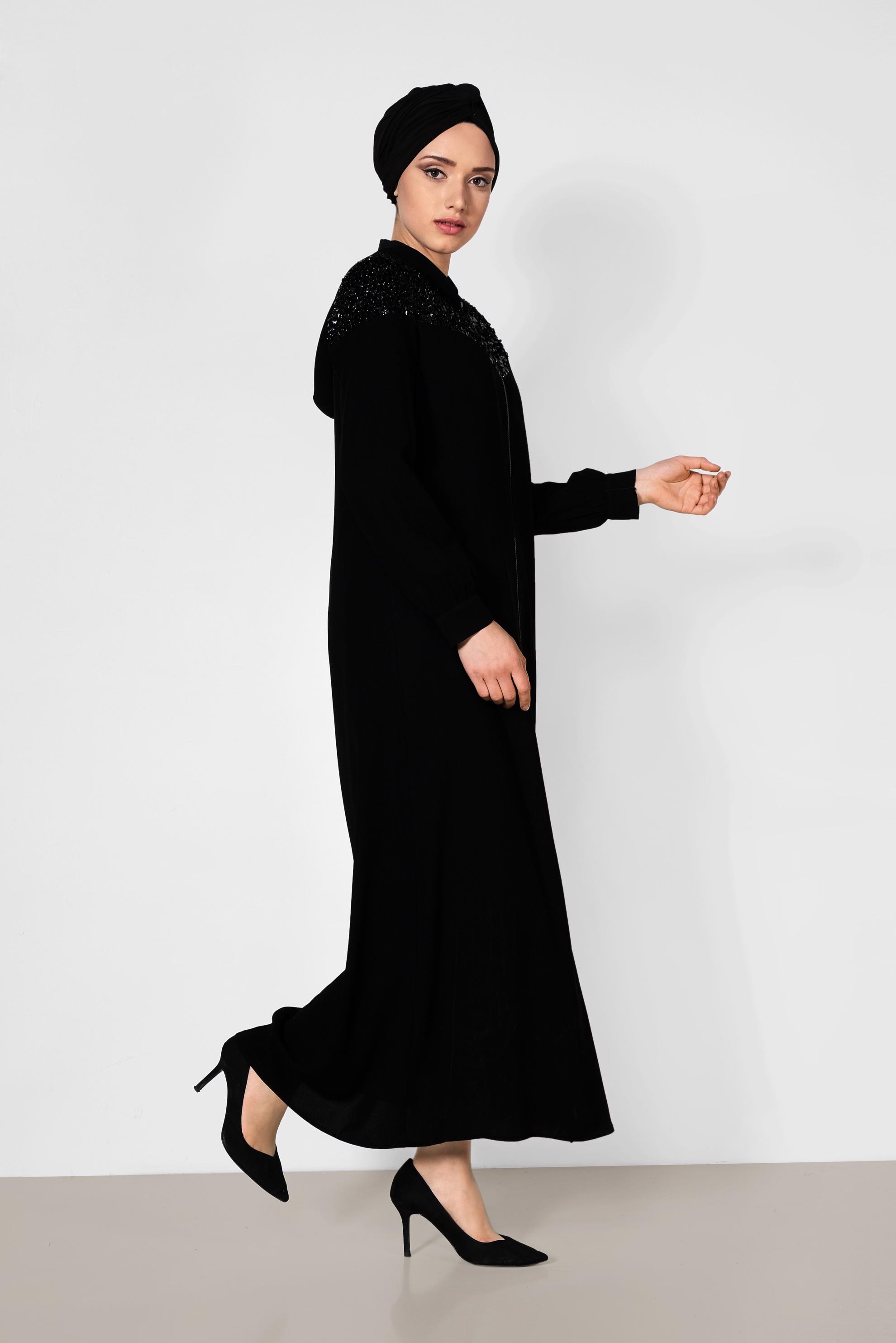 Hijab clothing BLACK Sequined Front Zippered Abaya 8319
