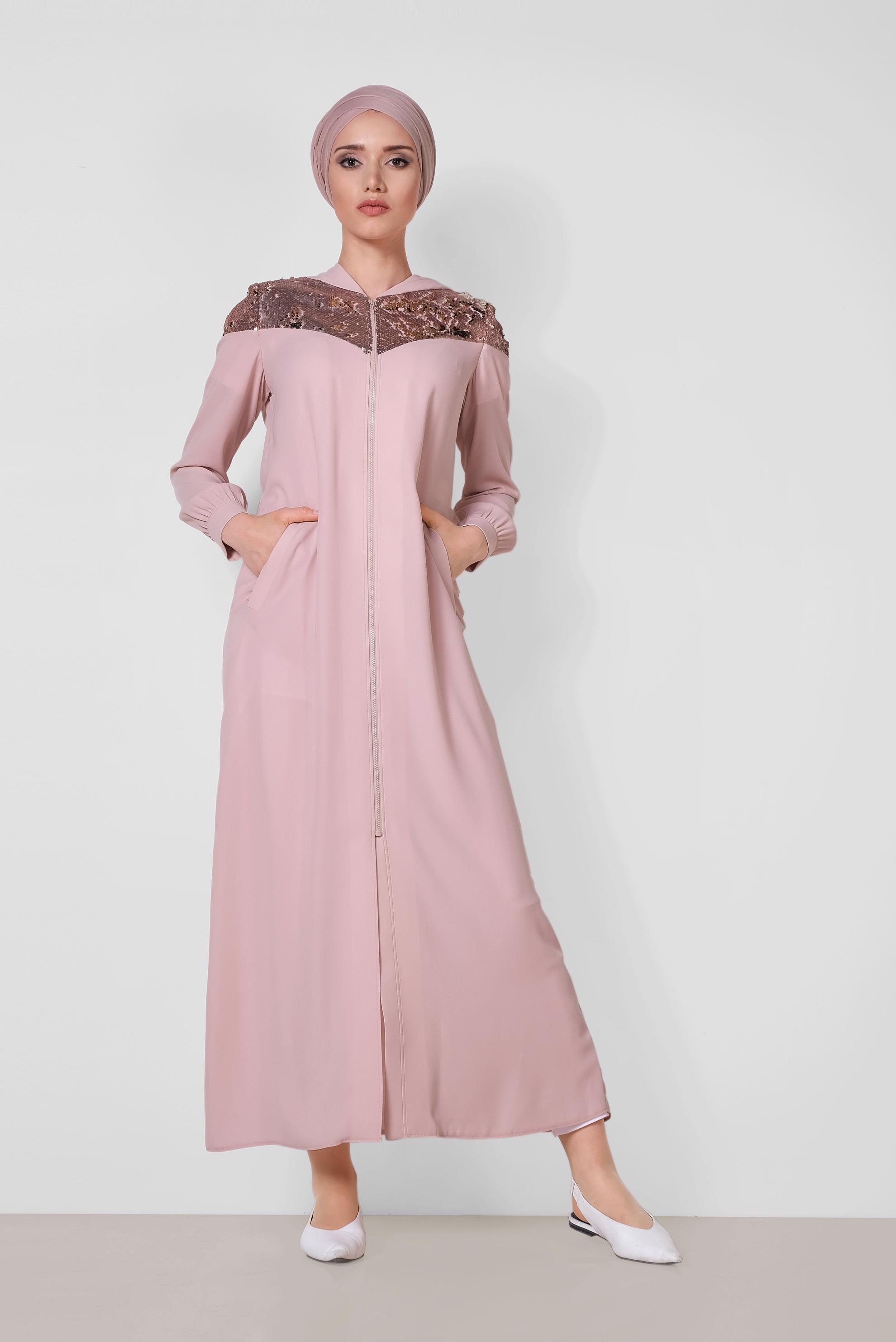 Tesettür giyim PUDRA PUL PAYETLİ ÖNDEN FERMUARLI FERACE 8319