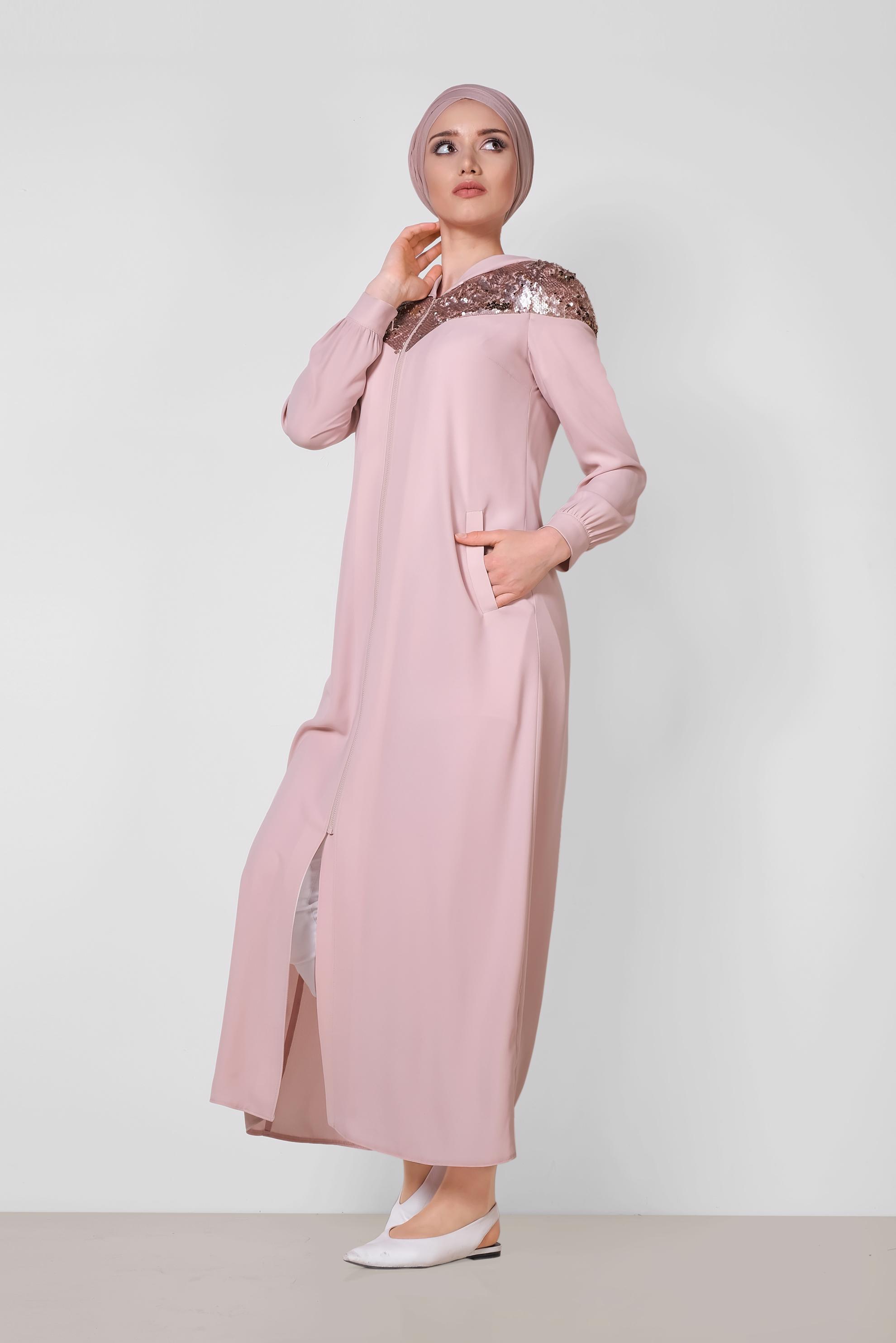 Tesettür giyim PUDRA PUL PAYETLİ ÖNDEN FERMUARLI FERACE 8319